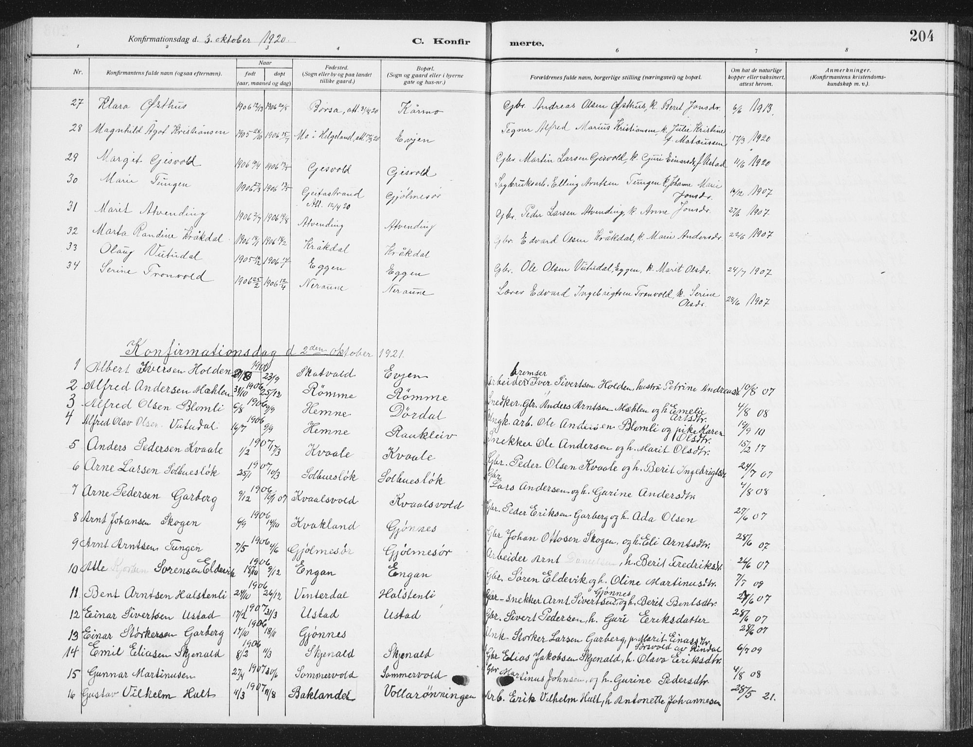 Ministerialprotokoller, klokkerbøker og fødselsregistre - Sør-Trøndelag, SAT/A-1456/668/L0820: Parish register (copy) no. 668C09, 1912-1936, p. 204