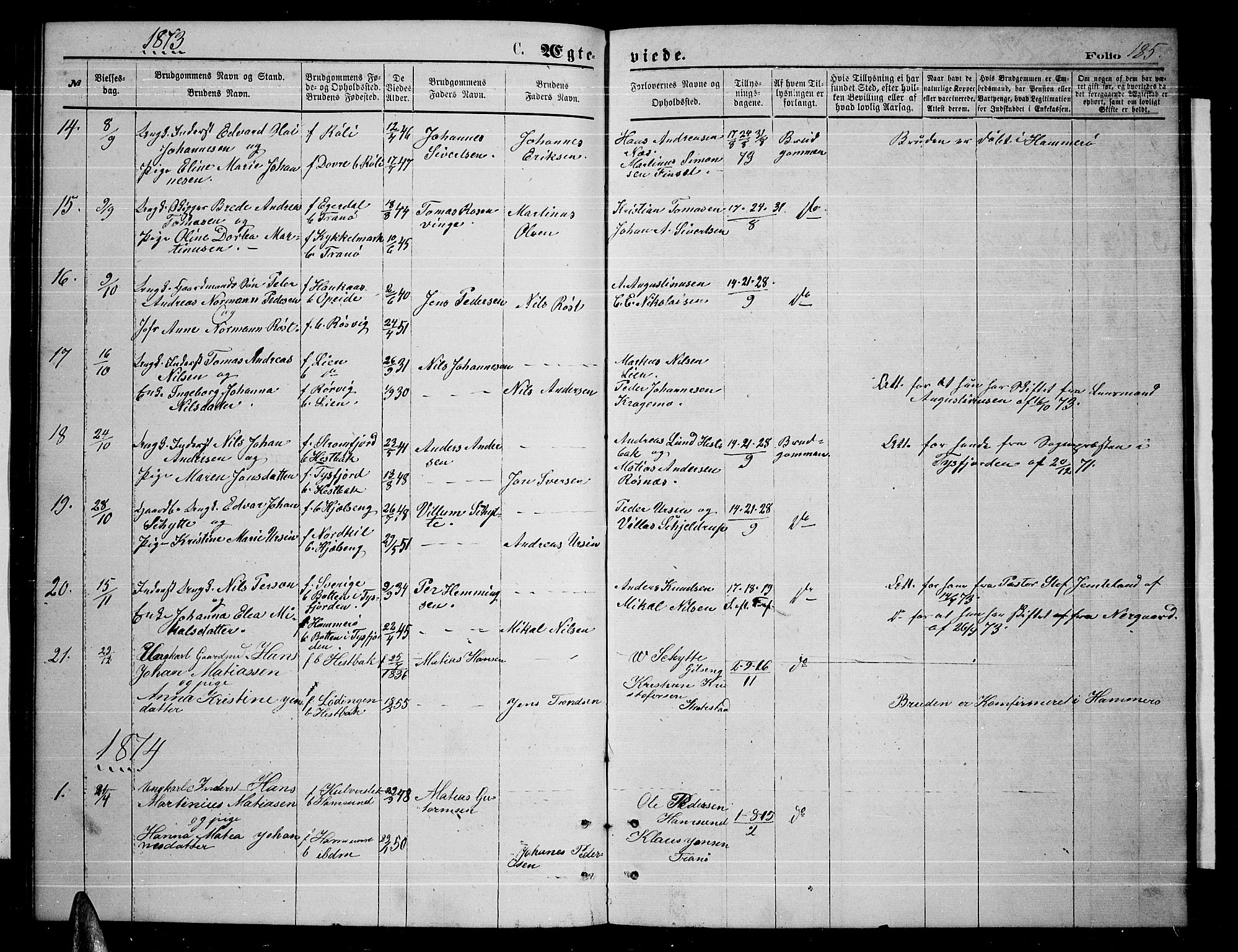 Ministerialprotokoller, klokkerbøker og fødselsregistre - Nordland, AV/SAT-A-1459/859/L0858: Parish register (copy) no. 859C04, 1873-1886, p. 185