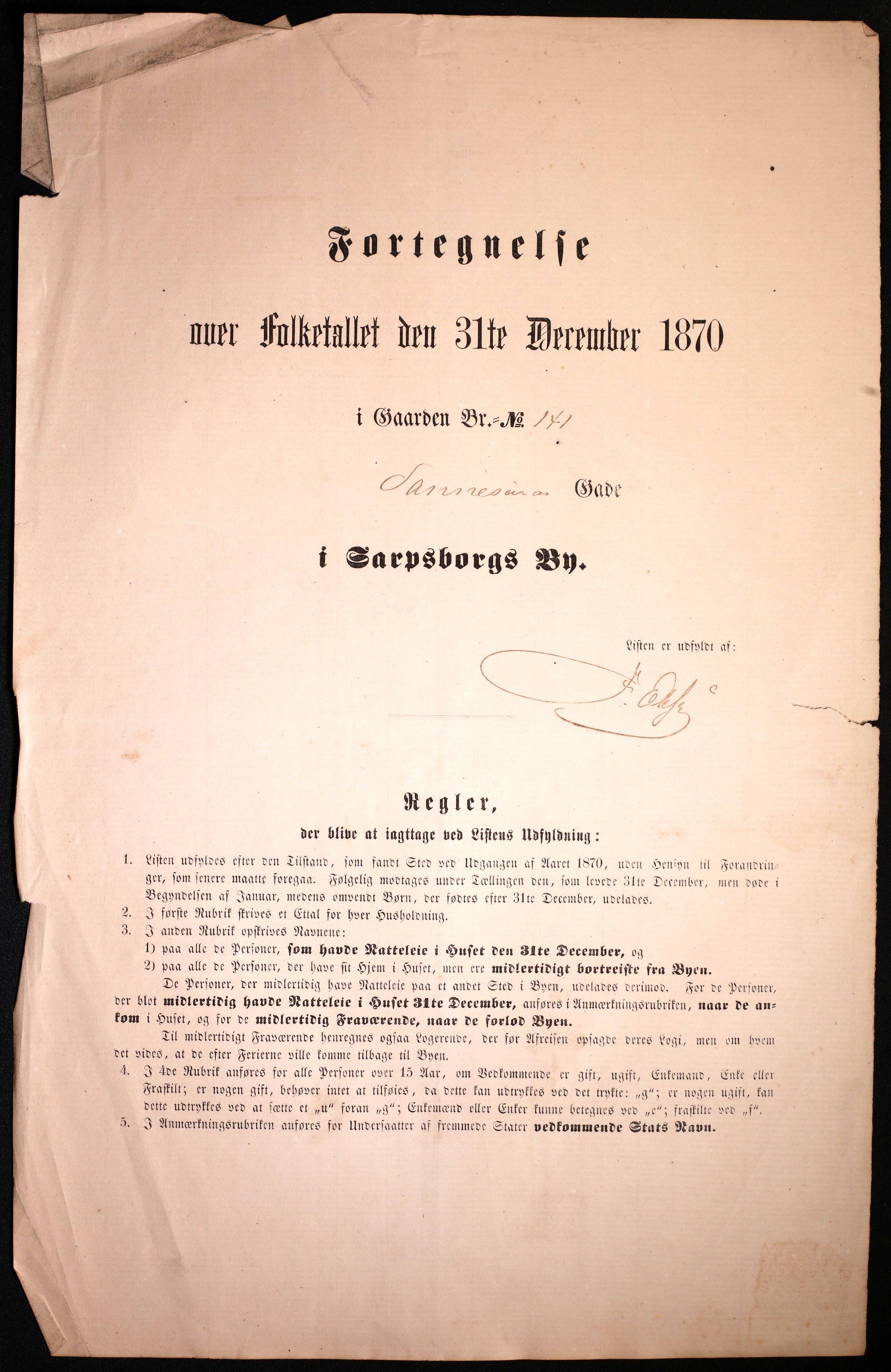 RA, 1870 census for 0102 Sarpsborg, 1870, p. 607