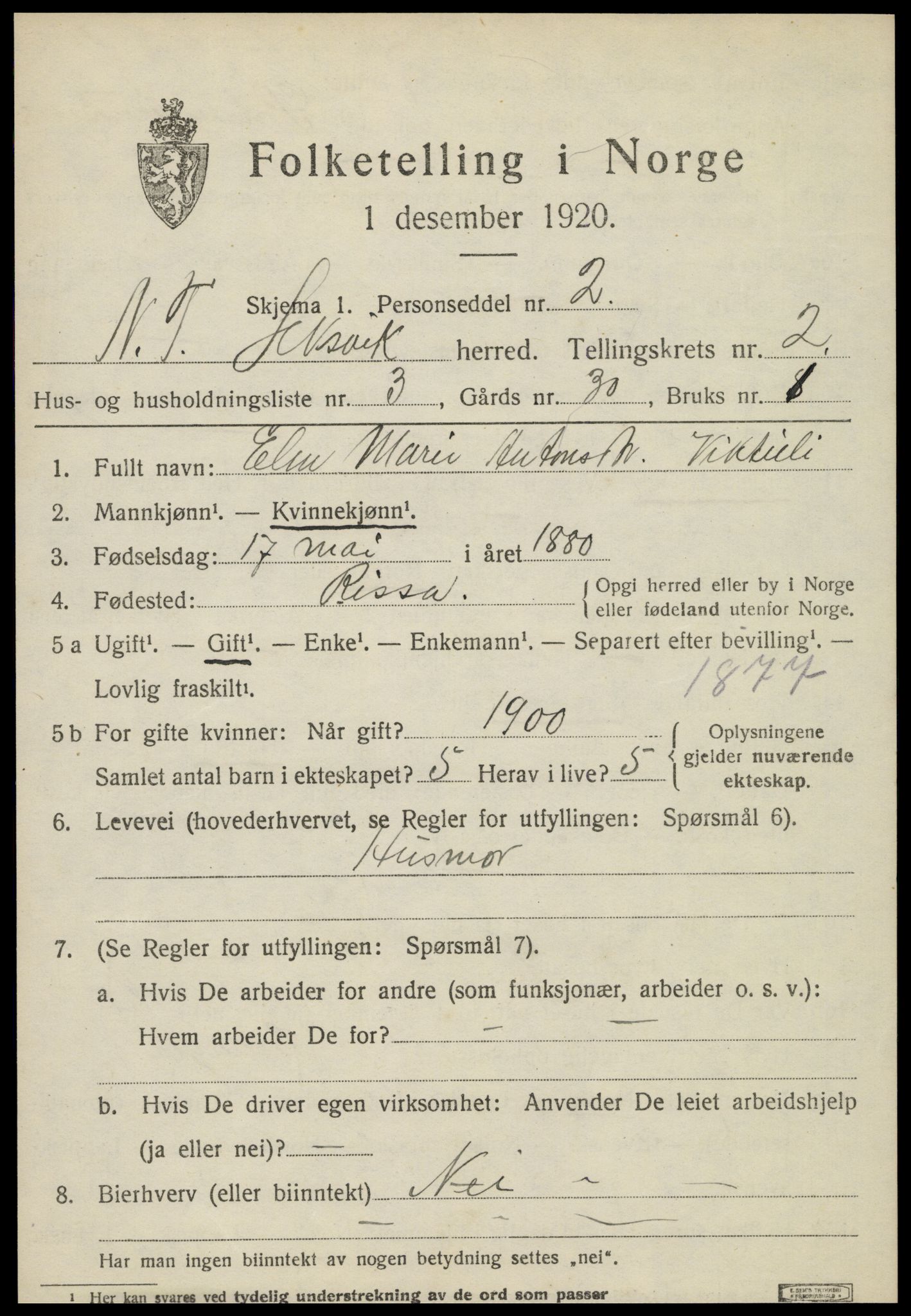 SAT, 1920 census for Leksvik, 1920, p. 1840