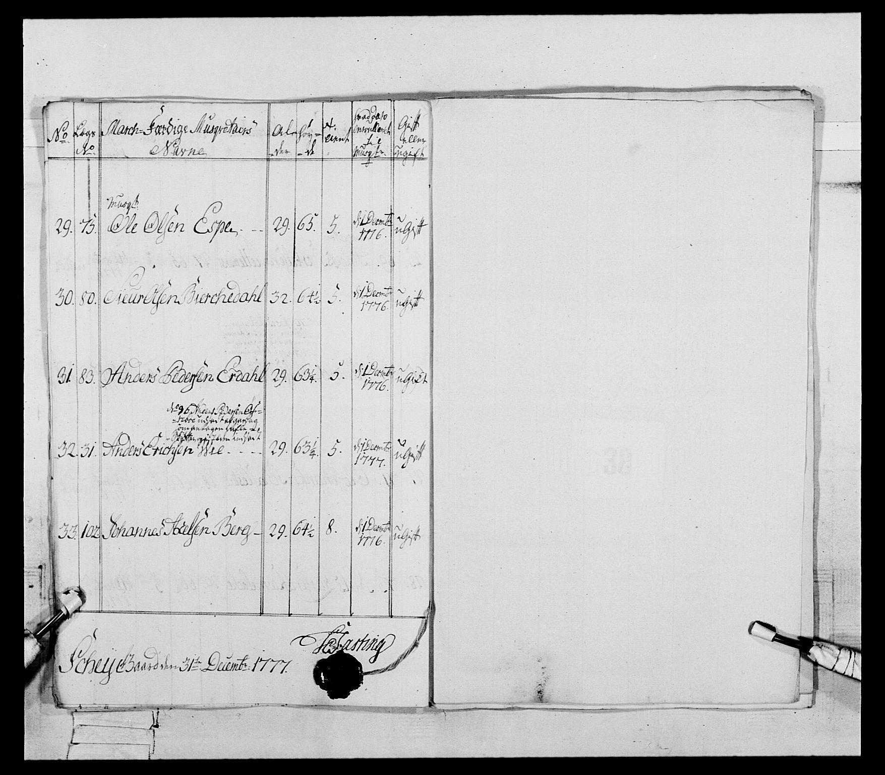 Generalitets- og kommissariatskollegiet, Det kongelige norske kommissariatskollegium, AV/RA-EA-5420/E/Eh/L0090: 1. Bergenhusiske nasjonale infanteriregiment, 1774-1780, p. 228