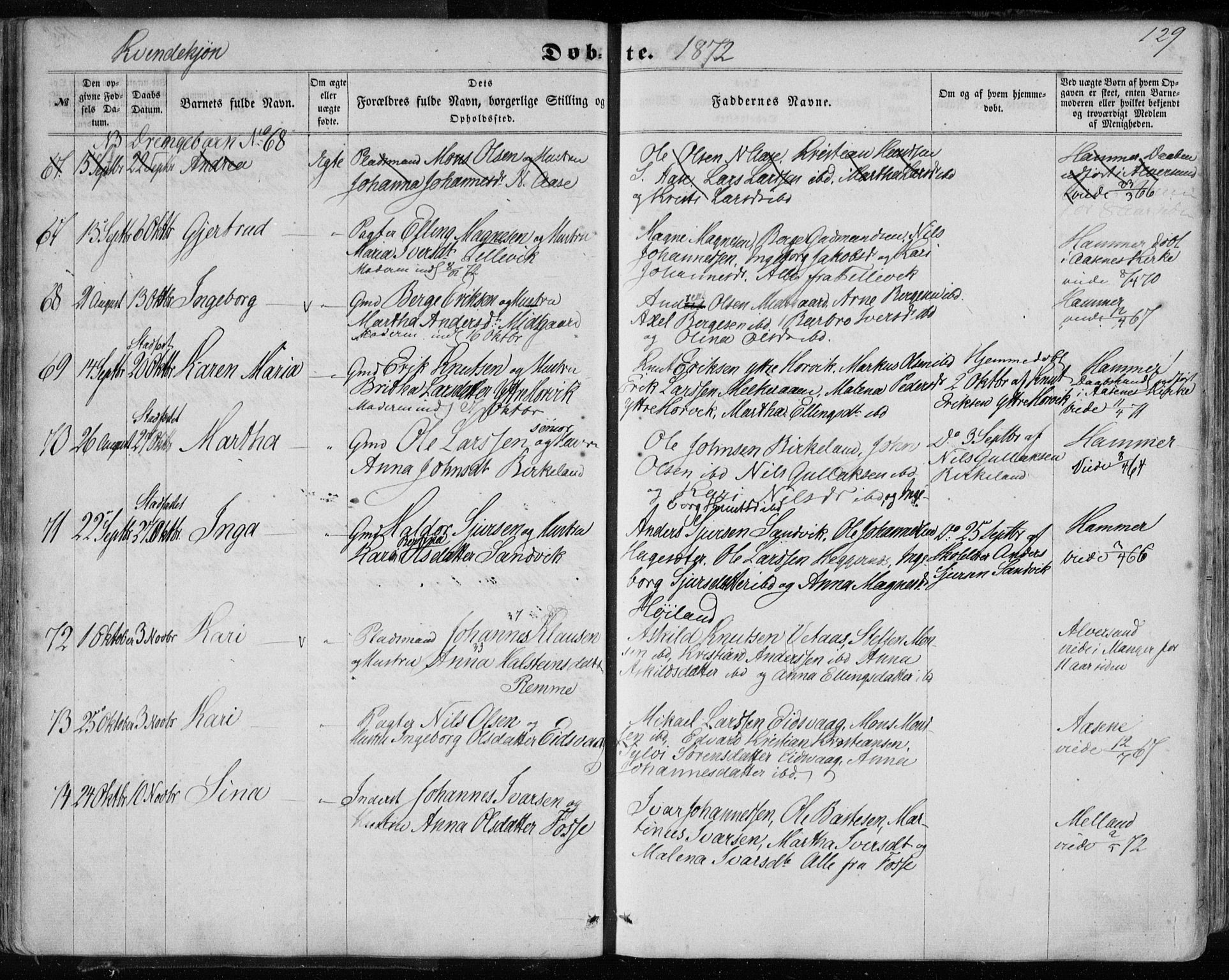 Hamre sokneprestembete, AV/SAB-A-75501/H/Ha/Haa/Haaa/L0014: Parish register (official) no. A 14, 1858-1872, p. 129