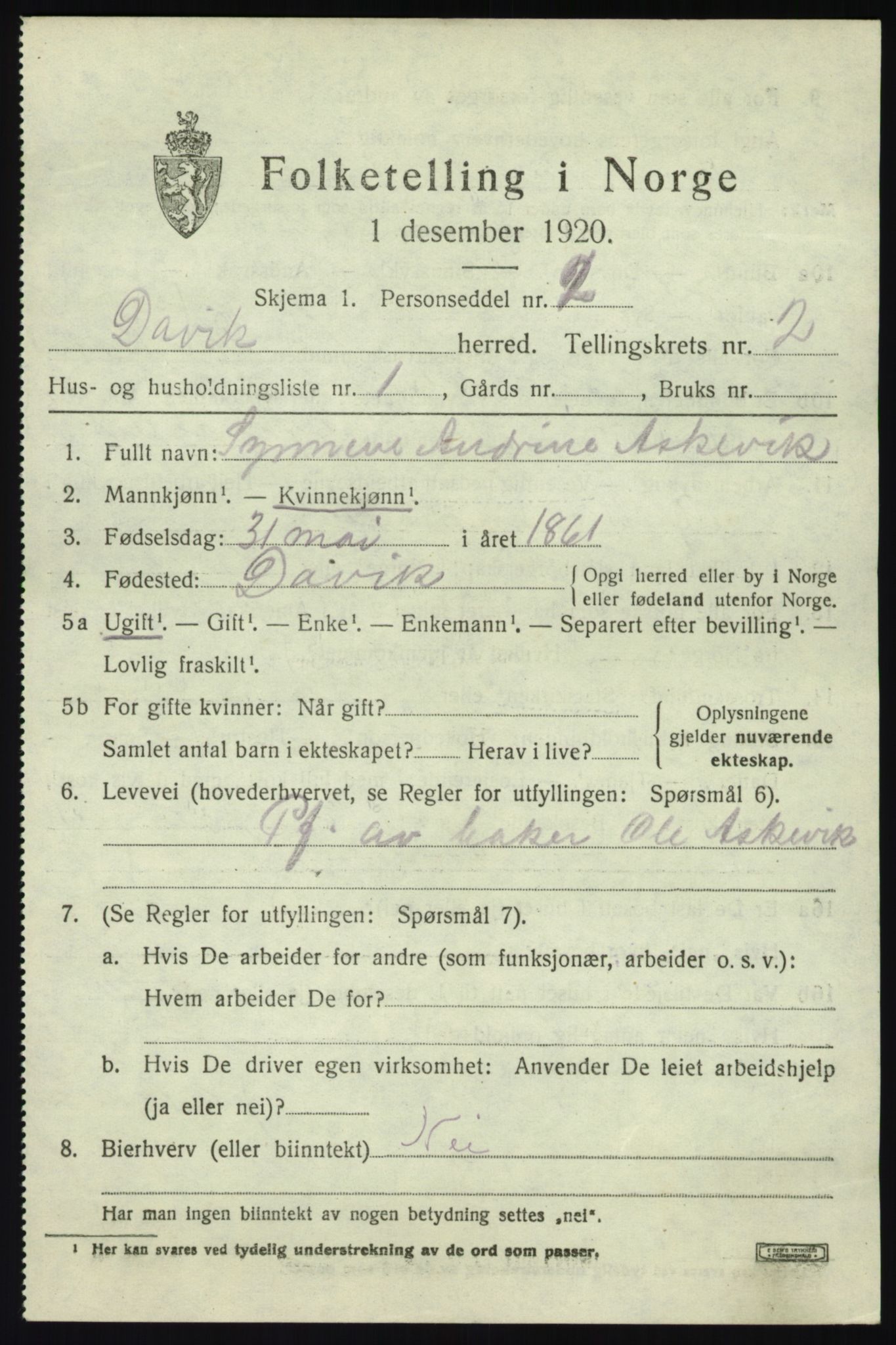 SAB, 1920 census for Davik, 1920, p. 1273