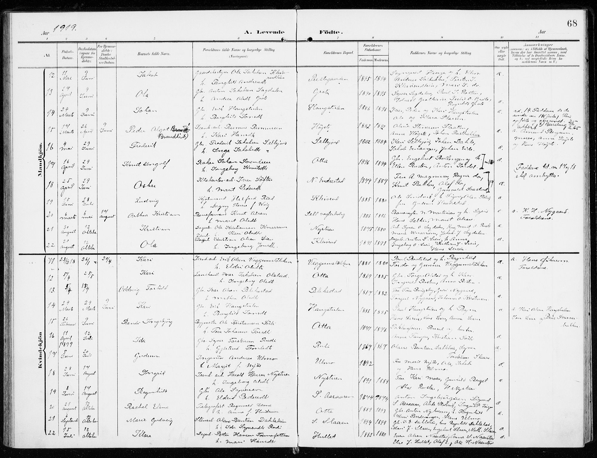 Sel prestekontor, SAH/PREST-074/H/Ha/Haa/L0002: Parish register (official) no. 2, 1905-1919, p. 68