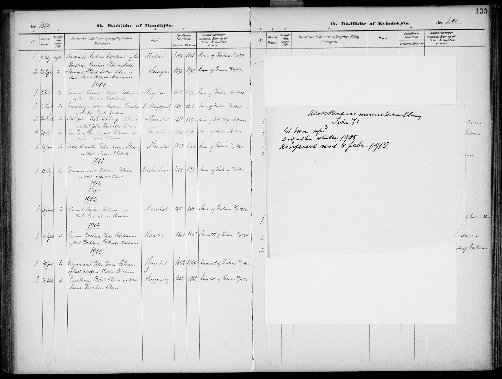 Mandal sokneprestkontor, AV/SAK-1111-0030/F/Fb/Fba/L0012: Parish register (copy) no. B 6, 1899-1918, p. 135