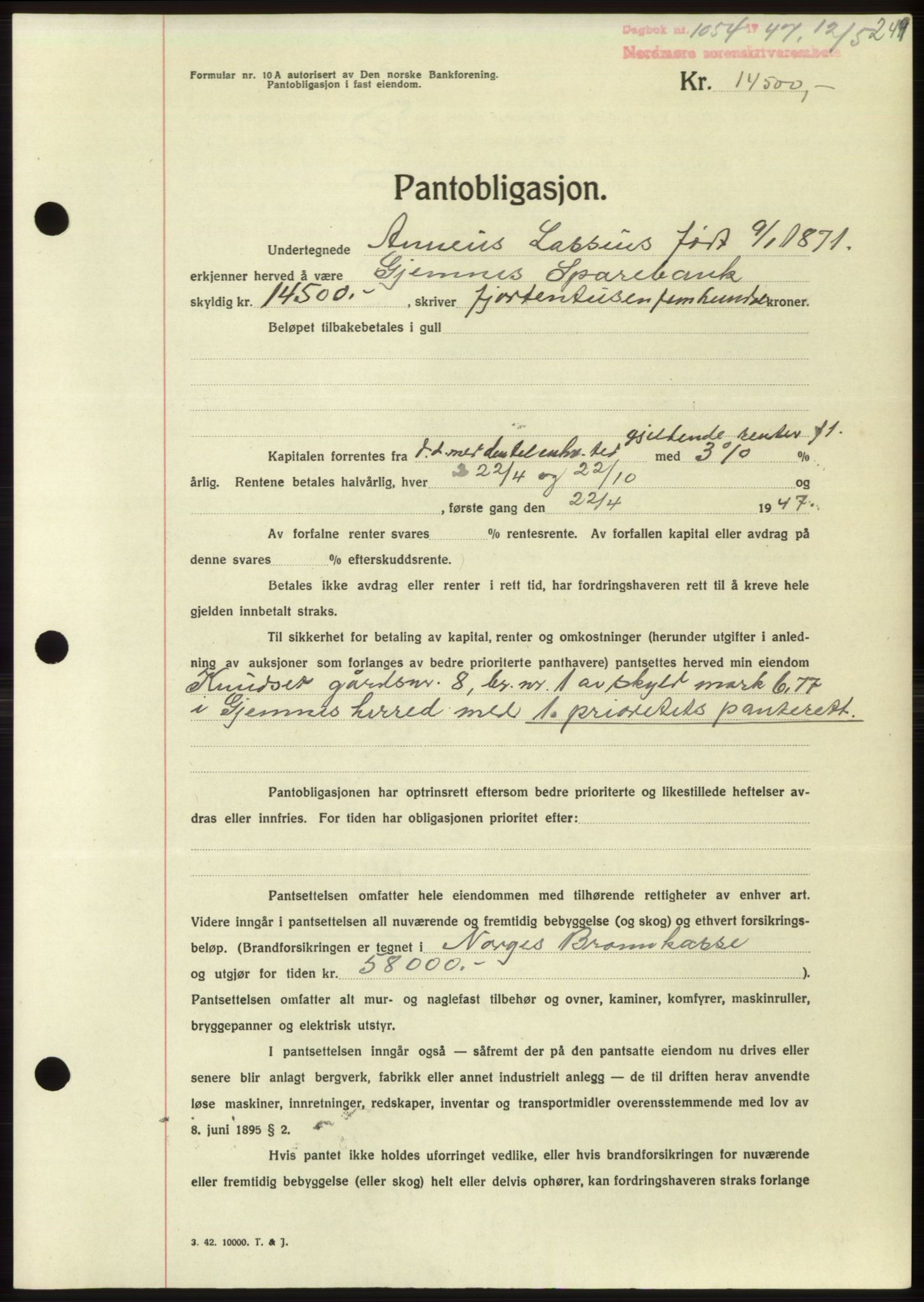 Nordmøre sorenskriveri, AV/SAT-A-4132/1/2/2Ca: Mortgage book no. B96, 1947-1947, Diary no: : 1054/1947