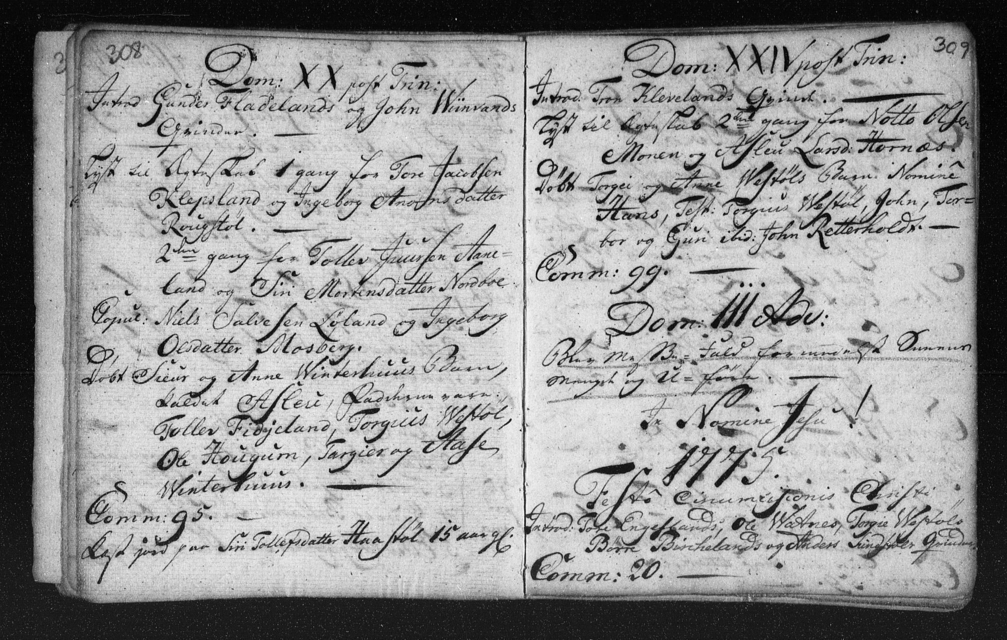 Herefoss sokneprestkontor, SAK/1111-0019/F/Fa/Fab/L0001: Parish register (official) no. A 1, 1704-1779, p. 308-309