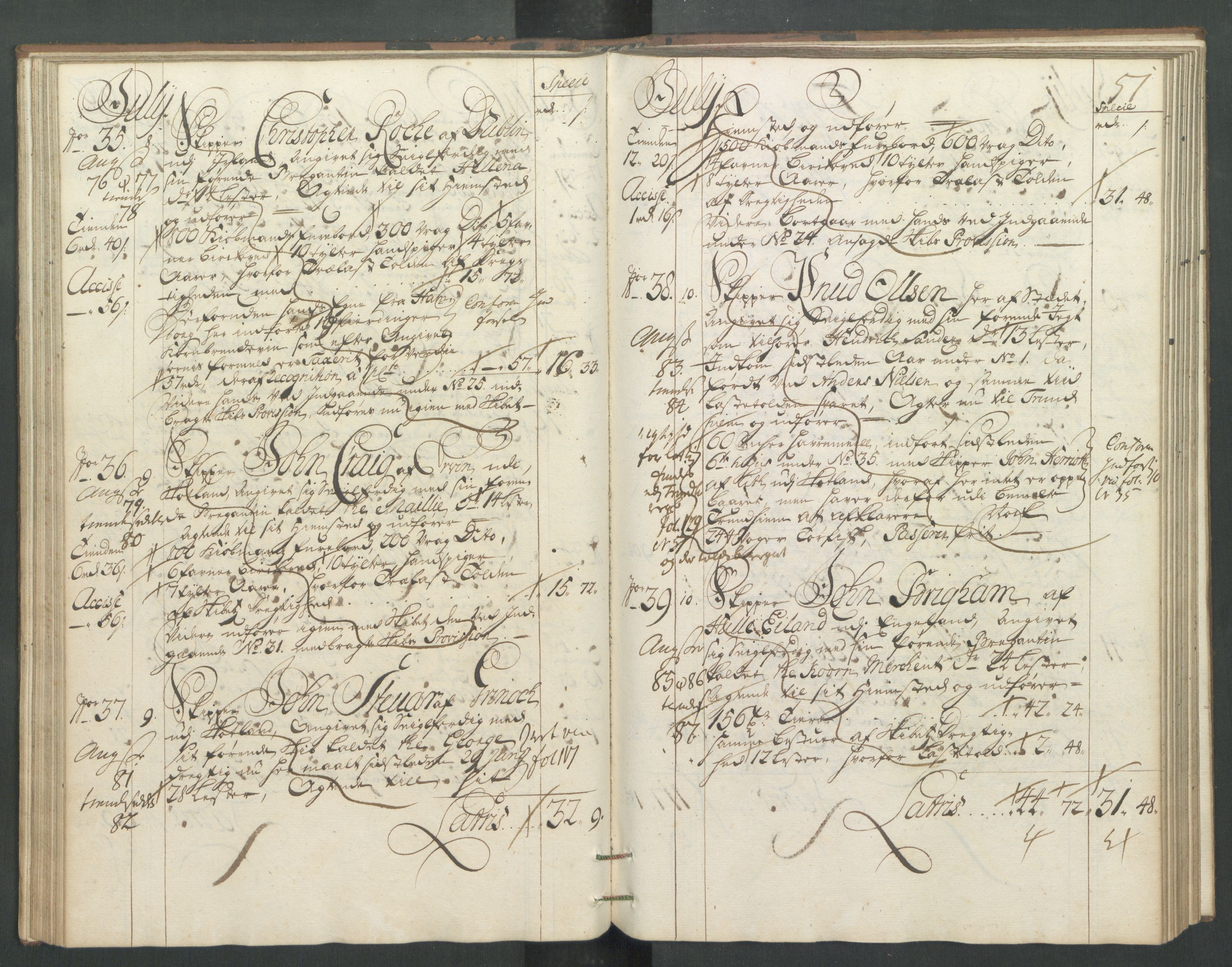 Generaltollkammeret, tollregnskaper, RA/EA-5490/R32/L0005/0001: Tollregnskaper Kristiansund / Hovedtollbok, 1733, p. 50b-51a