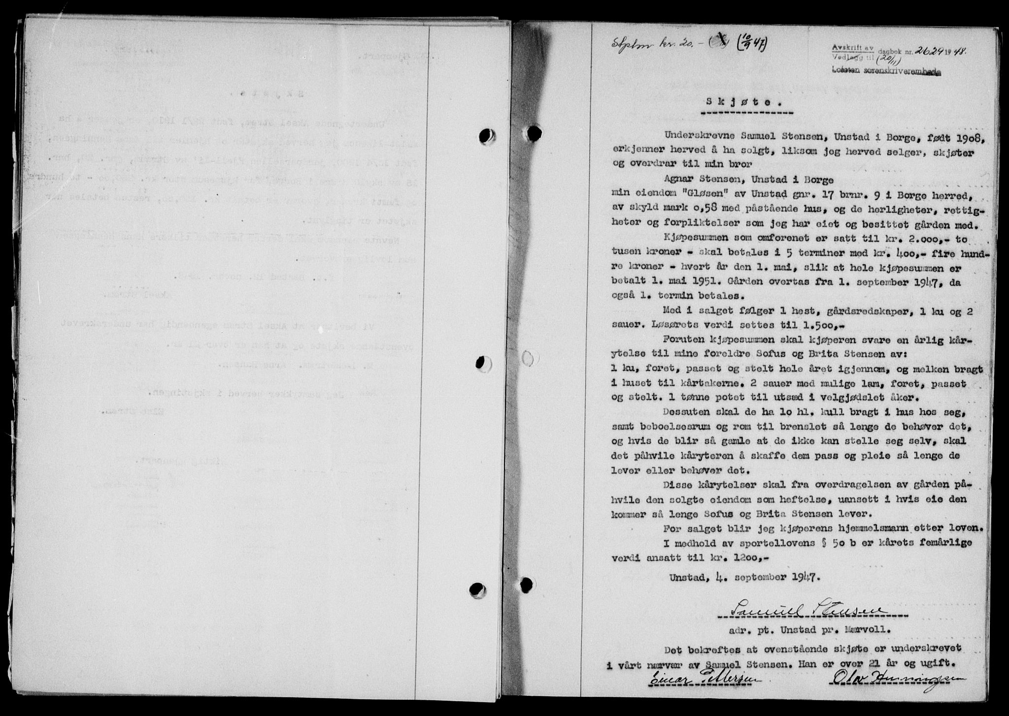 Lofoten sorenskriveri, SAT/A-0017/1/2/2C/L0019a: Mortgage book no. 19a, 1948-1948, Diary no: : 2629/1948