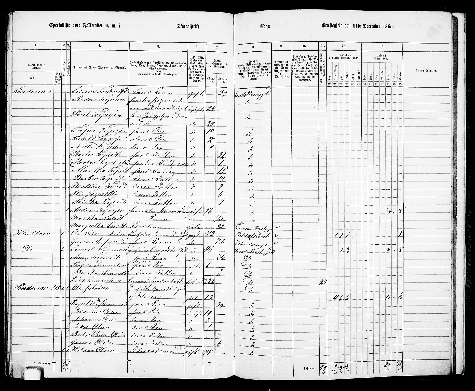 RA, 1865 census for Sand, 1865, p. 154