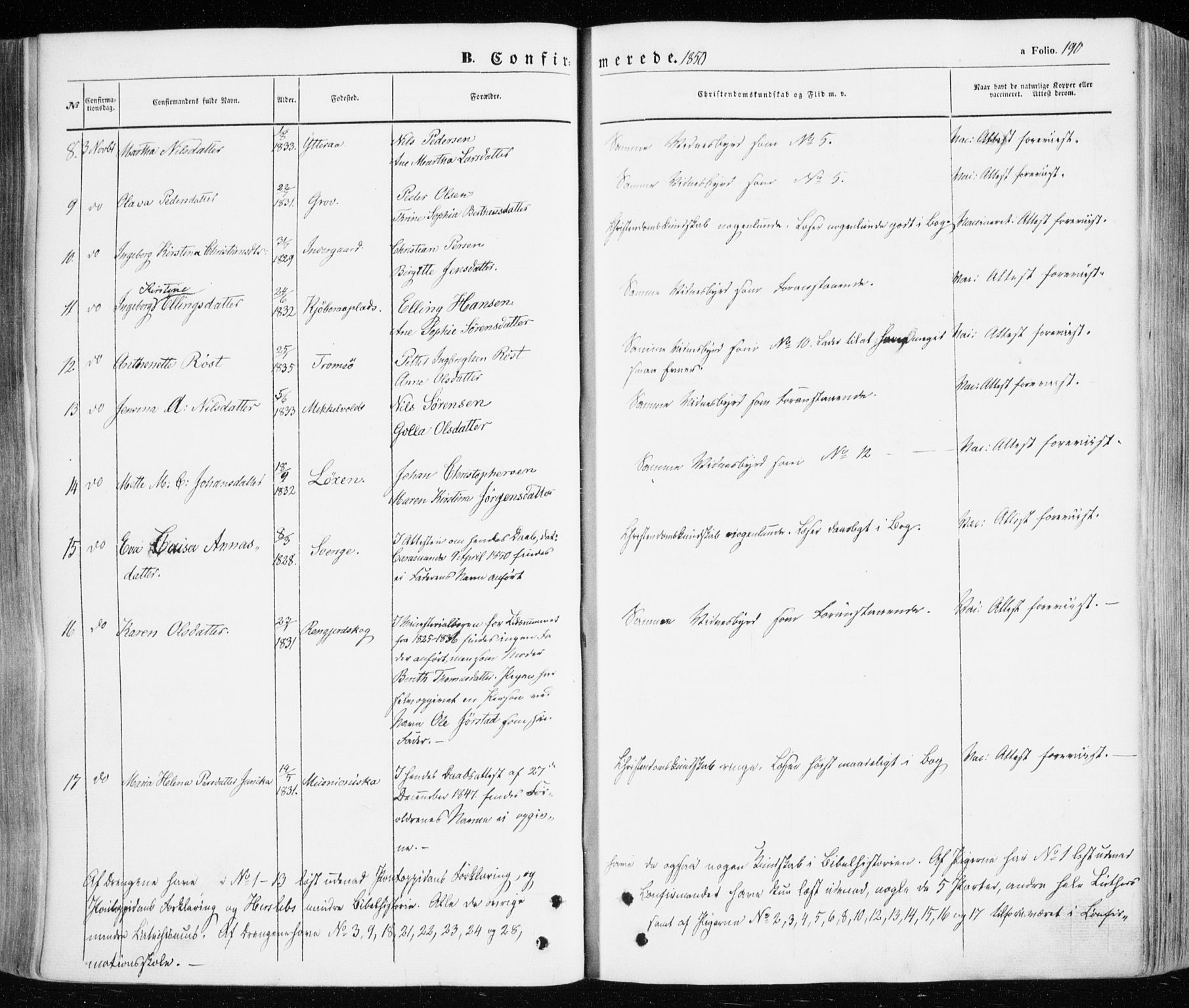 Ibestad sokneprestembete, SATØ/S-0077/H/Ha/Haa/L0008kirke: Parish register (official) no. 8, 1850-1859, p. 190