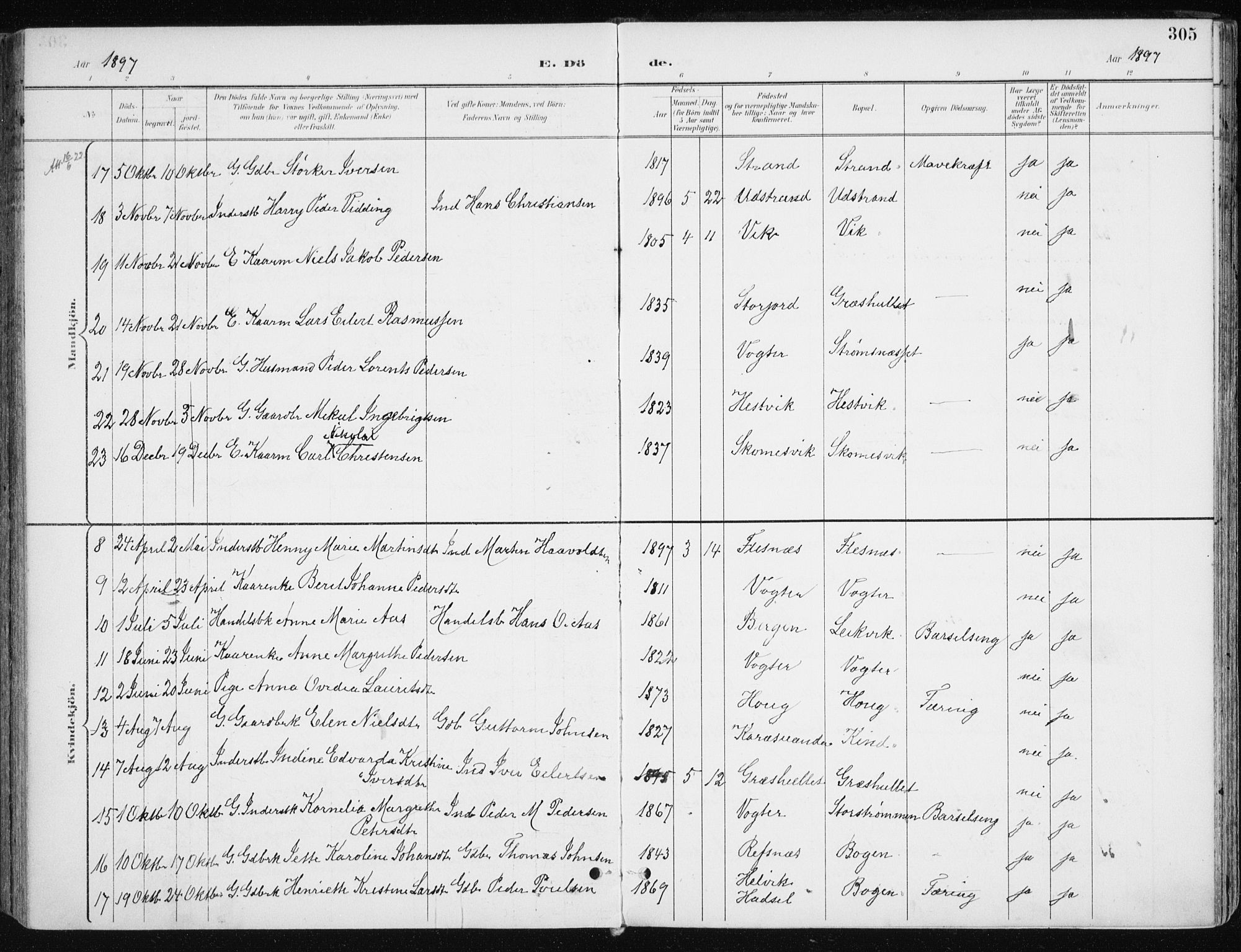 Kvæfjord sokneprestkontor, AV/SATØ-S-1323/G/Ga/Gaa/L0006kirke: Parish register (official) no. 6, 1895-1914, p. 305