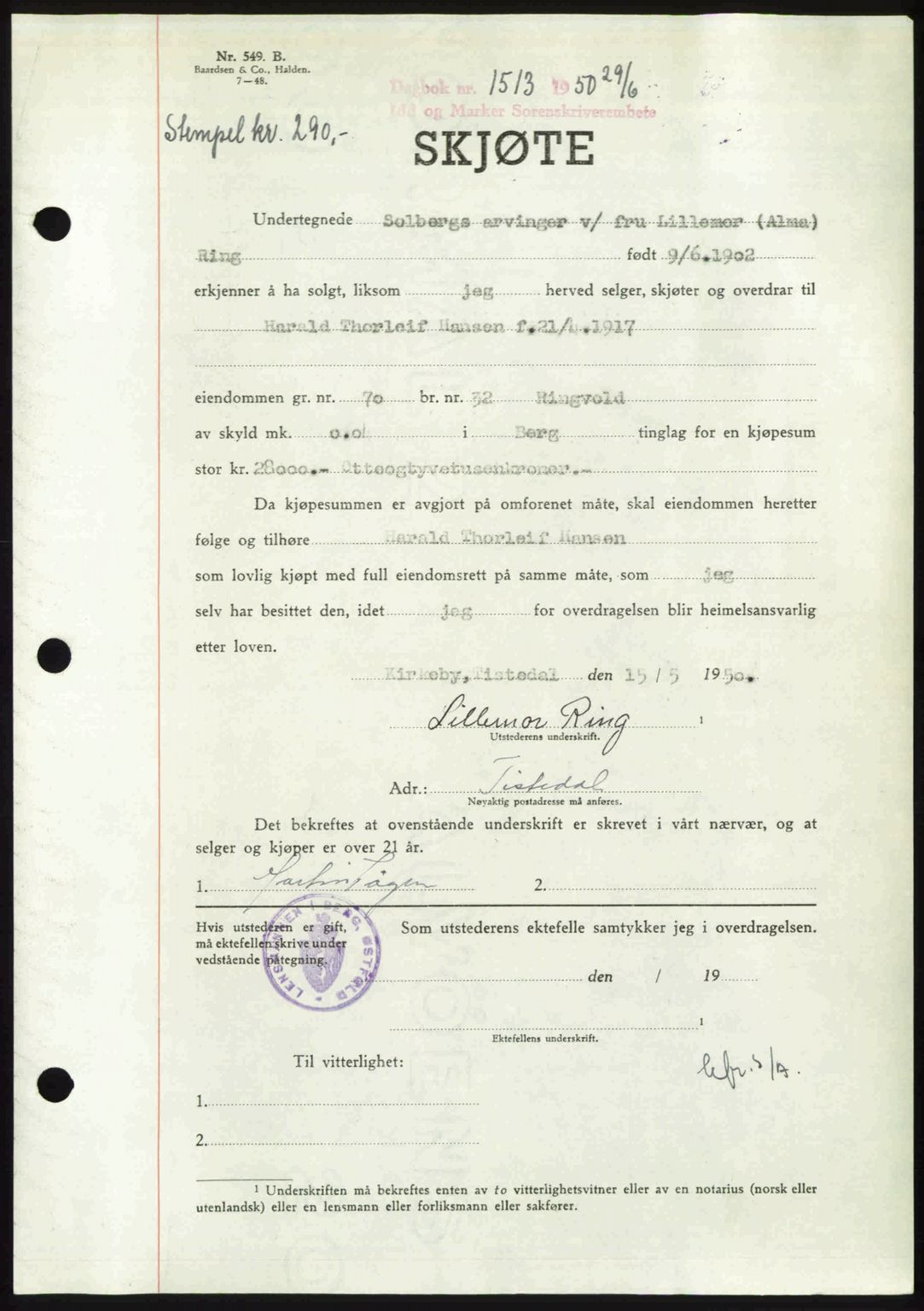 Idd og Marker sorenskriveri, AV/SAO-A-10283/G/Gb/Gbb/L0014: Mortgage book no. A14, 1950-1950, Diary no: : 1513/1950