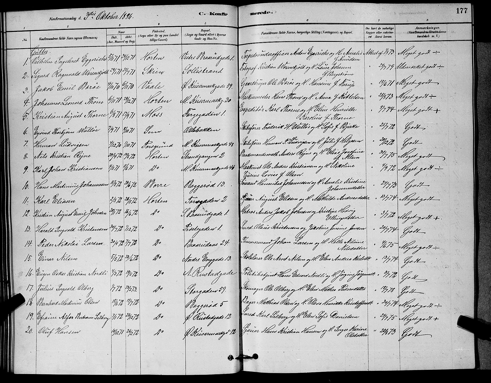 Horten kirkebøker, AV/SAKO-A-348/G/Ga/L0003: Parish register (copy) no. 4, 1878-1887, p. 177