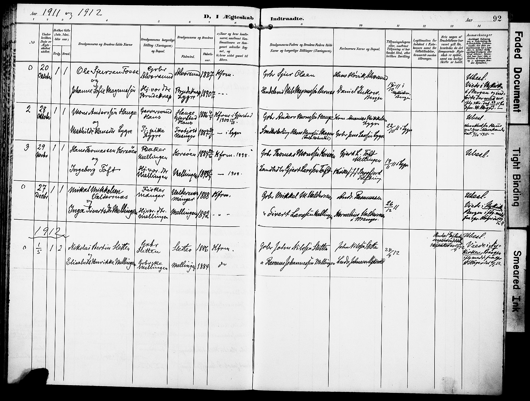 Lindås Sokneprestembete, SAB/A-76701/H/Haa: Parish register (official) no. E 2, 1897-1912, p. 92