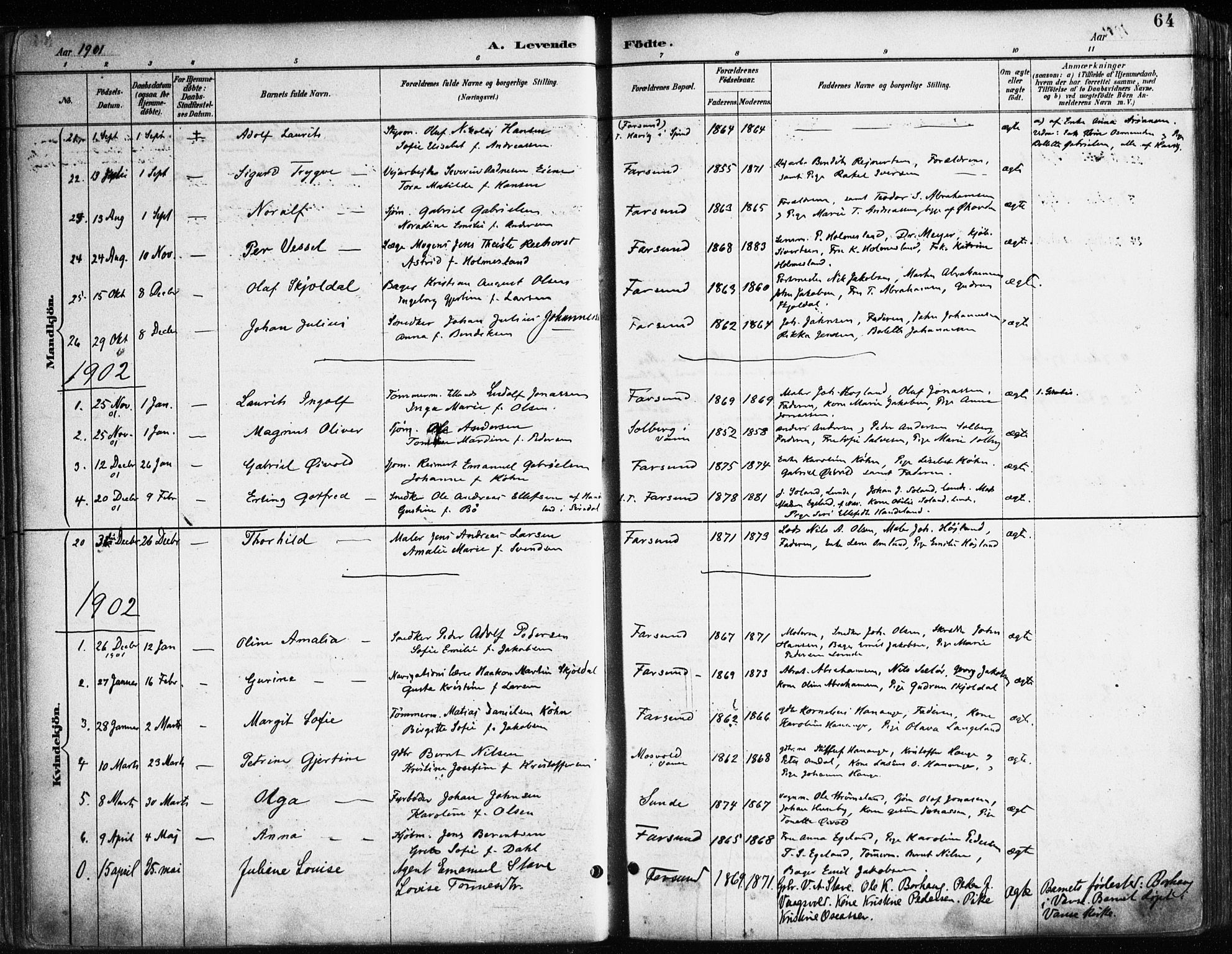 Farsund sokneprestkontor, SAK/1111-0009/F/Fa/L0006: Parish register (official) no. A 6, 1887-1920, p. 64
