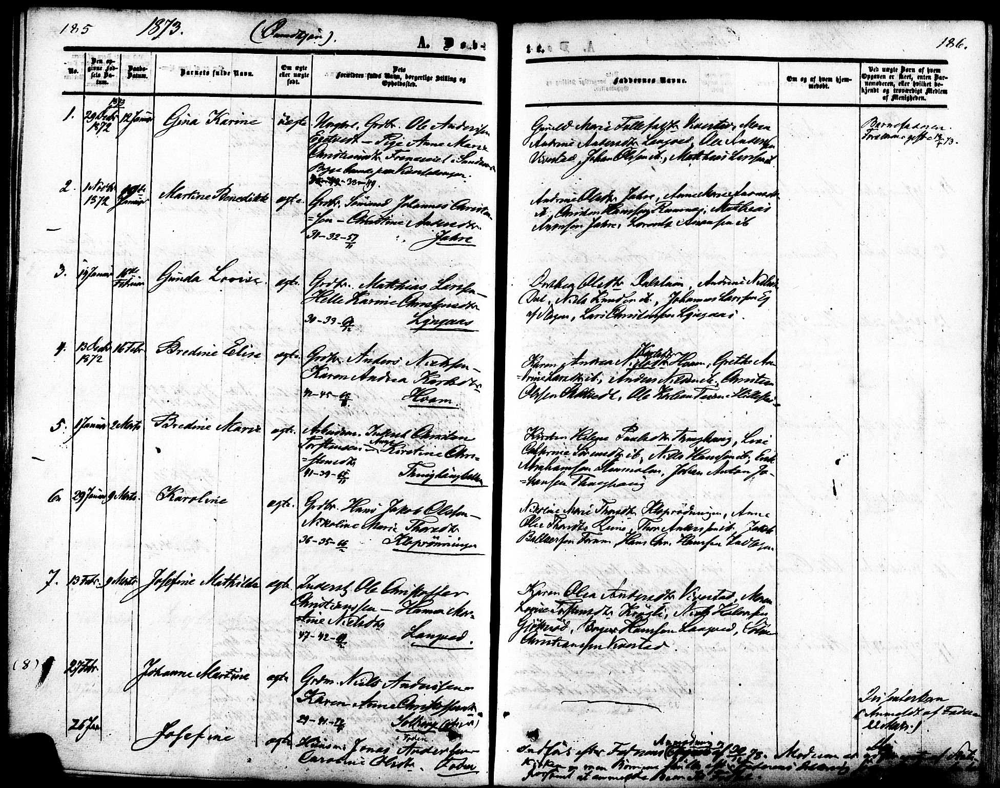 Ramnes kirkebøker, SAKO/A-314/F/Fa/L0006: Parish register (official) no. I 6, 1862-1877, p. 185-186