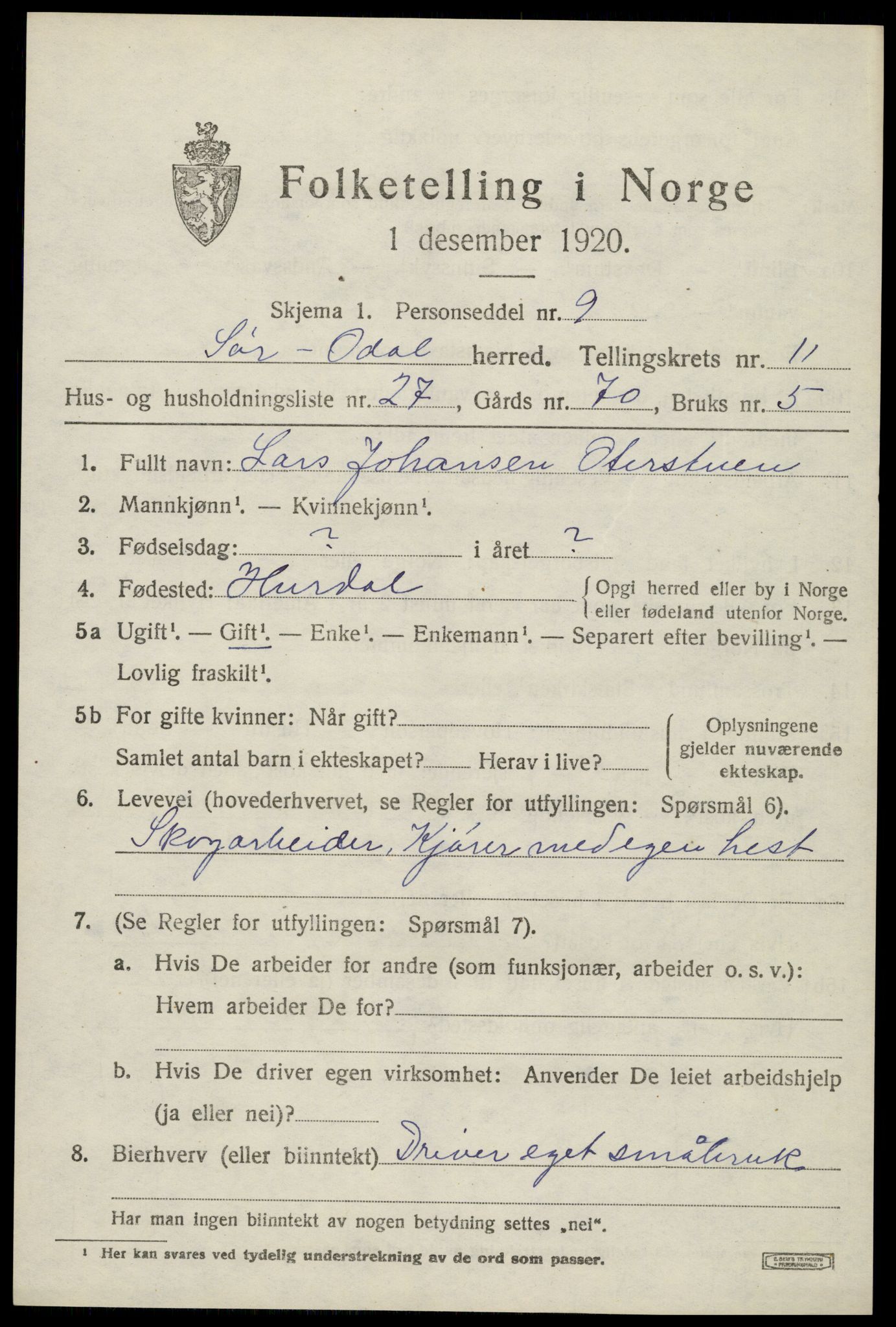 SAH, 1920 census for Sør-Odal, 1920, p. 12129