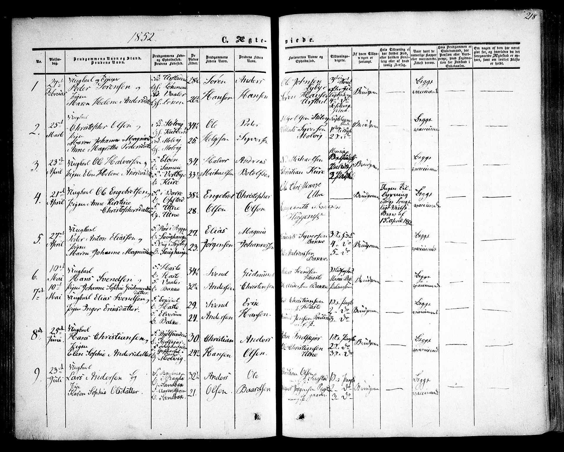 Rygge prestekontor Kirkebøker, SAO/A-10084b/F/Fa/L0005: Parish register (official) no. 5, 1852-1871, p. 218