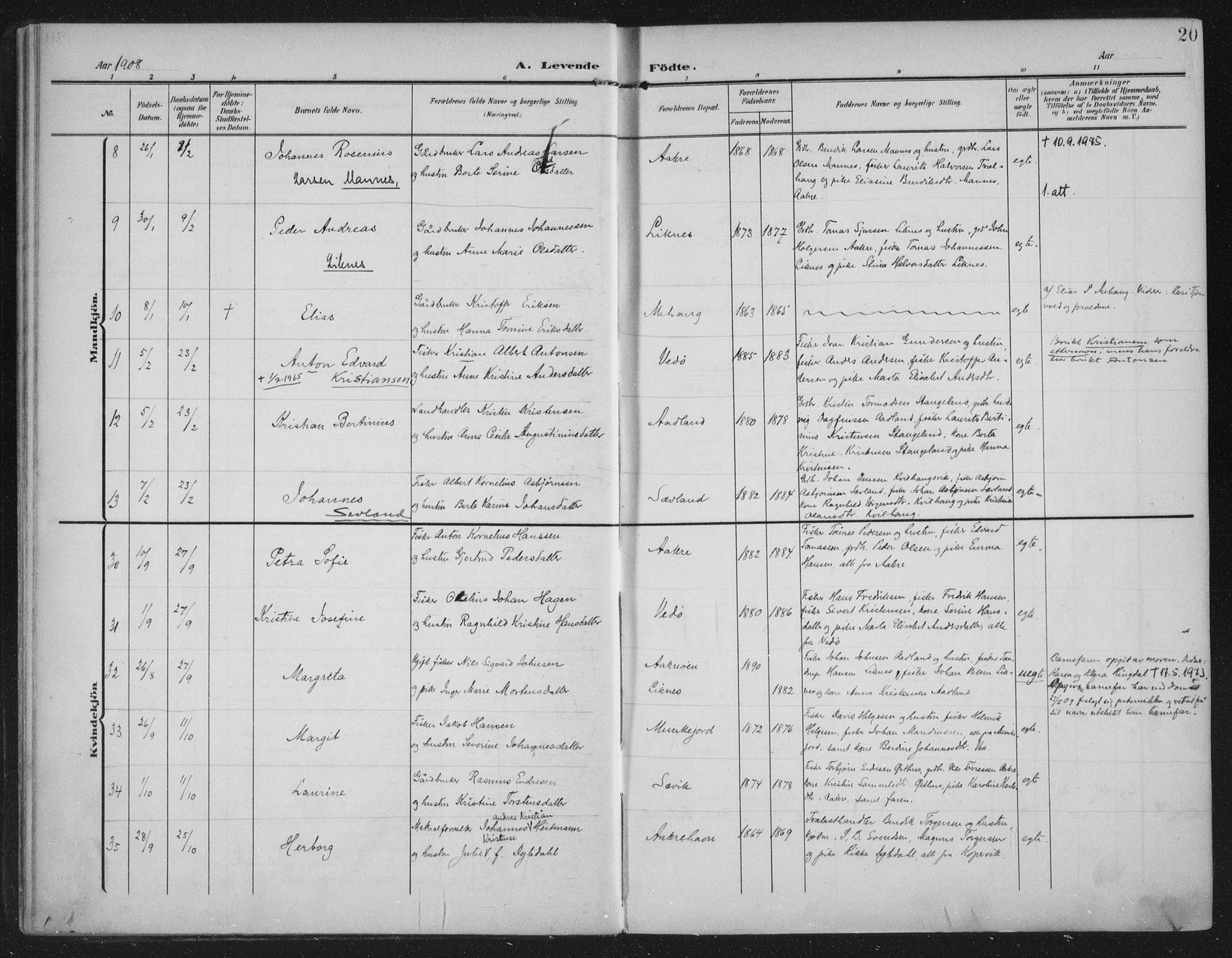 Kopervik sokneprestkontor, AV/SAST-A-101850/H/Ha/Haa/L0005: Parish register (official) no. A 5, 1906-1924, p. 20
