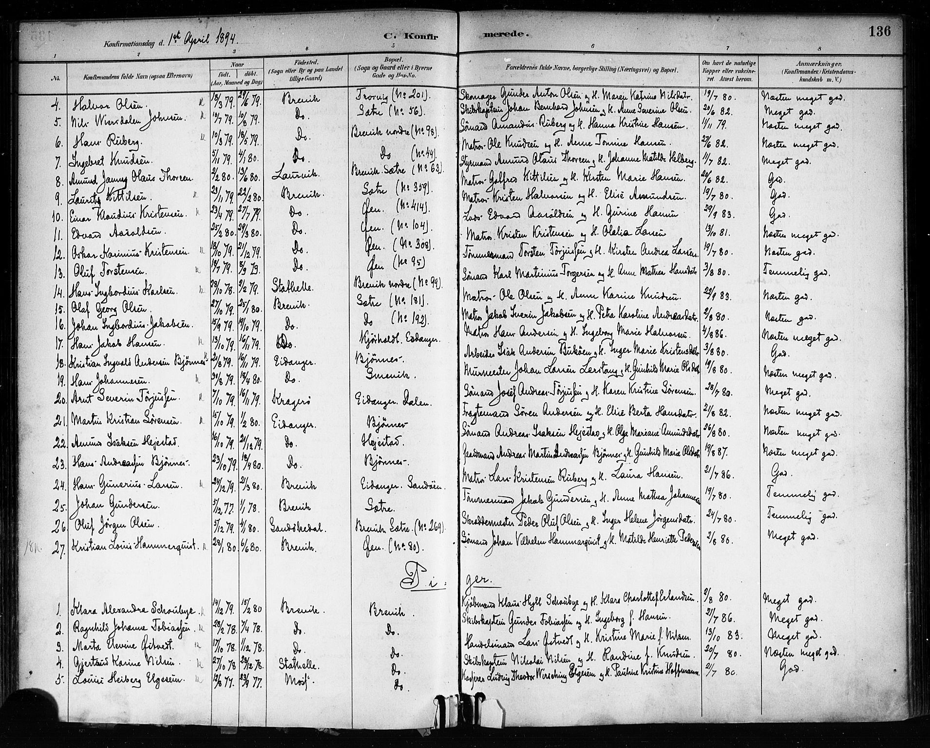 Brevik kirkebøker, SAKO/A-255/F/Fa/L0007: Parish register (official) no. 7, 1882-1900, p. 136