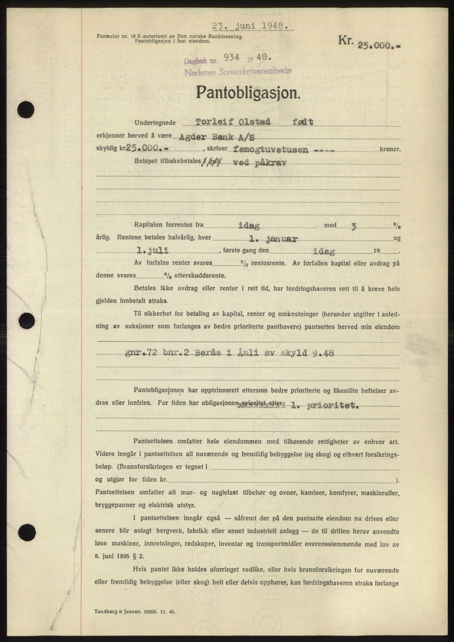 Nedenes sorenskriveri, AV/SAK-1221-0006/G/Gb/Gbb/L0005: Mortgage book no. B5, 1948-1948, Diary no: : 934/1948