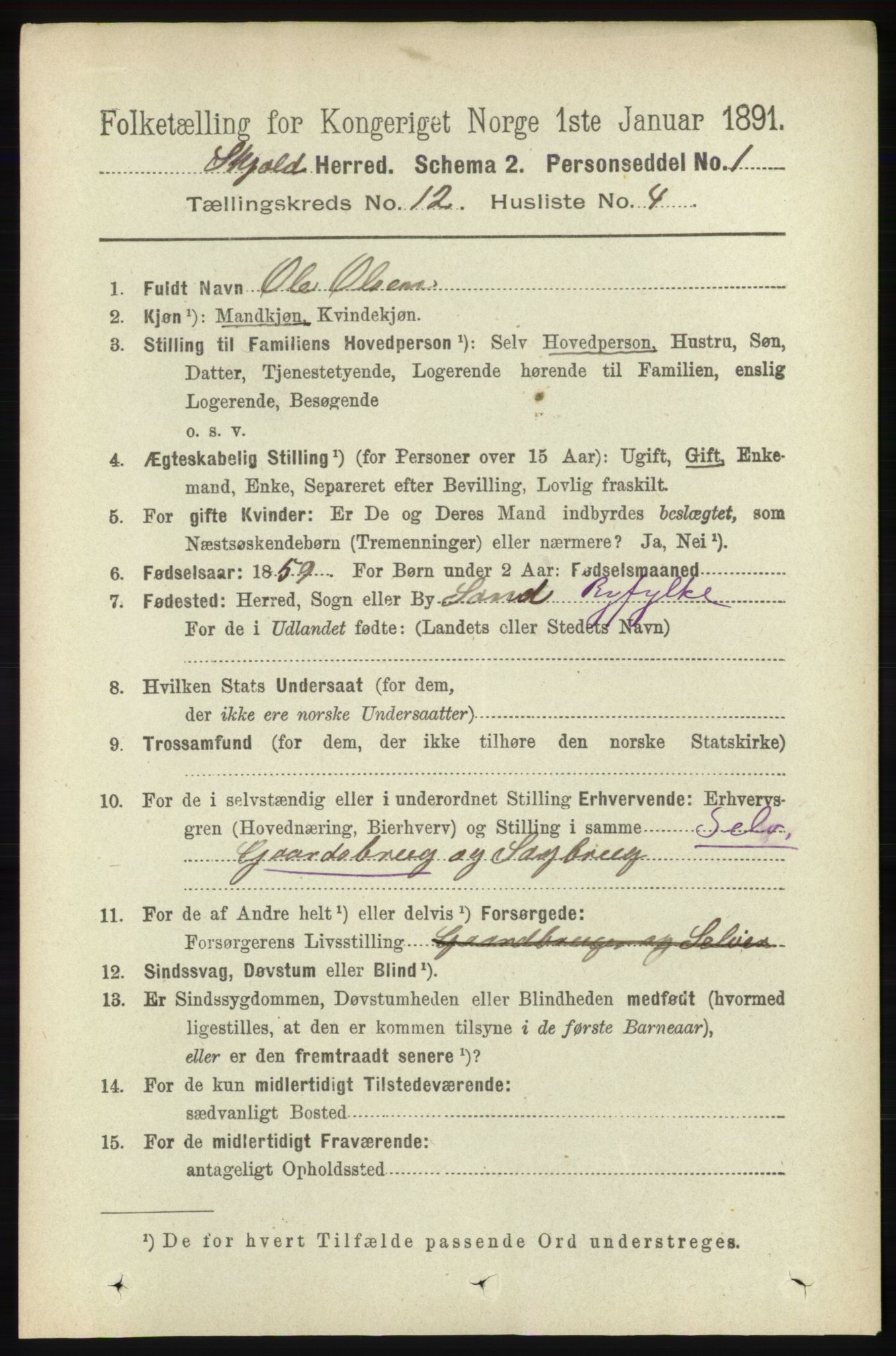 RA, 1891 census for 1154 Skjold, 1891, p. 2266