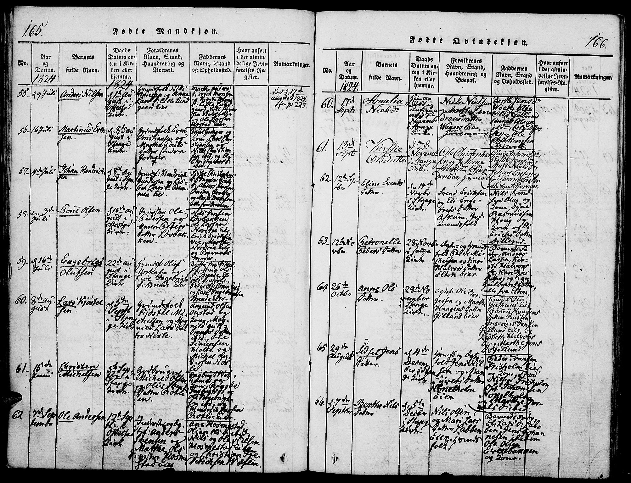 Stange prestekontor, SAH/PREST-002/K/L0008: Parish register (official) no. 8, 1814-1825, p. 165-166
