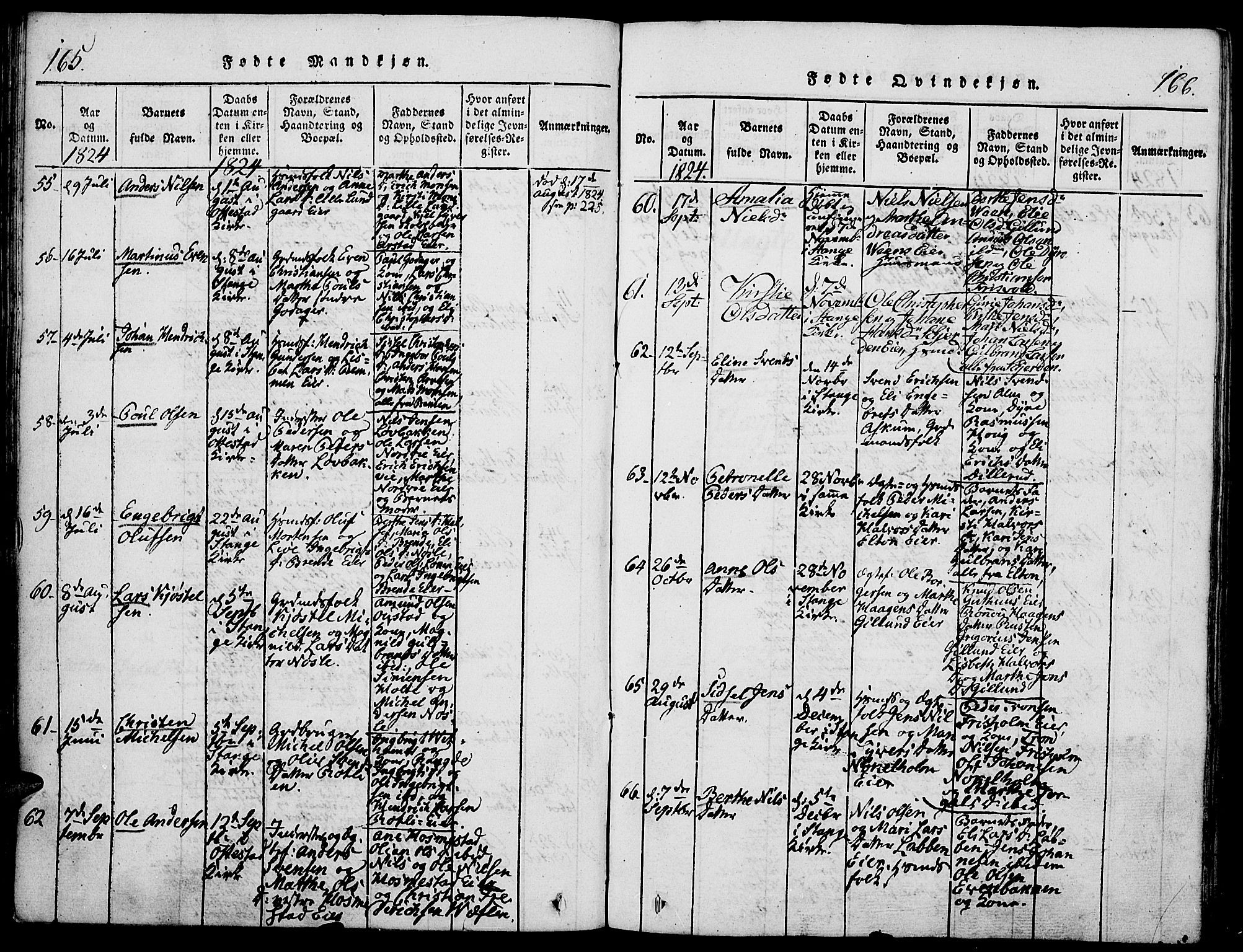 Stange prestekontor, AV/SAH-PREST-002/K/L0008: Parish register (official) no. 8, 1814-1825, p. 165-166