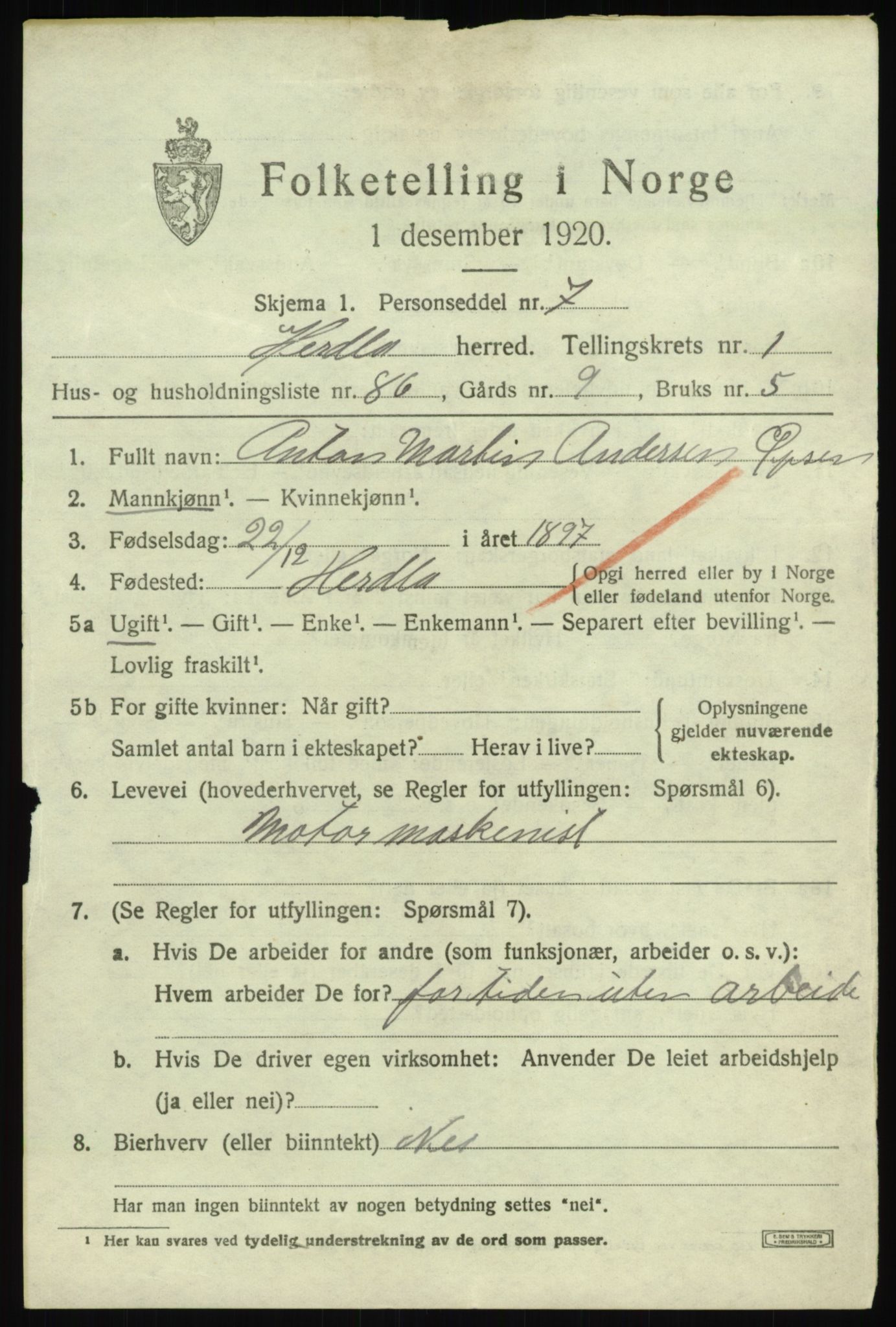 SAB, 1920 census for Herdla, 1920, p. 2383