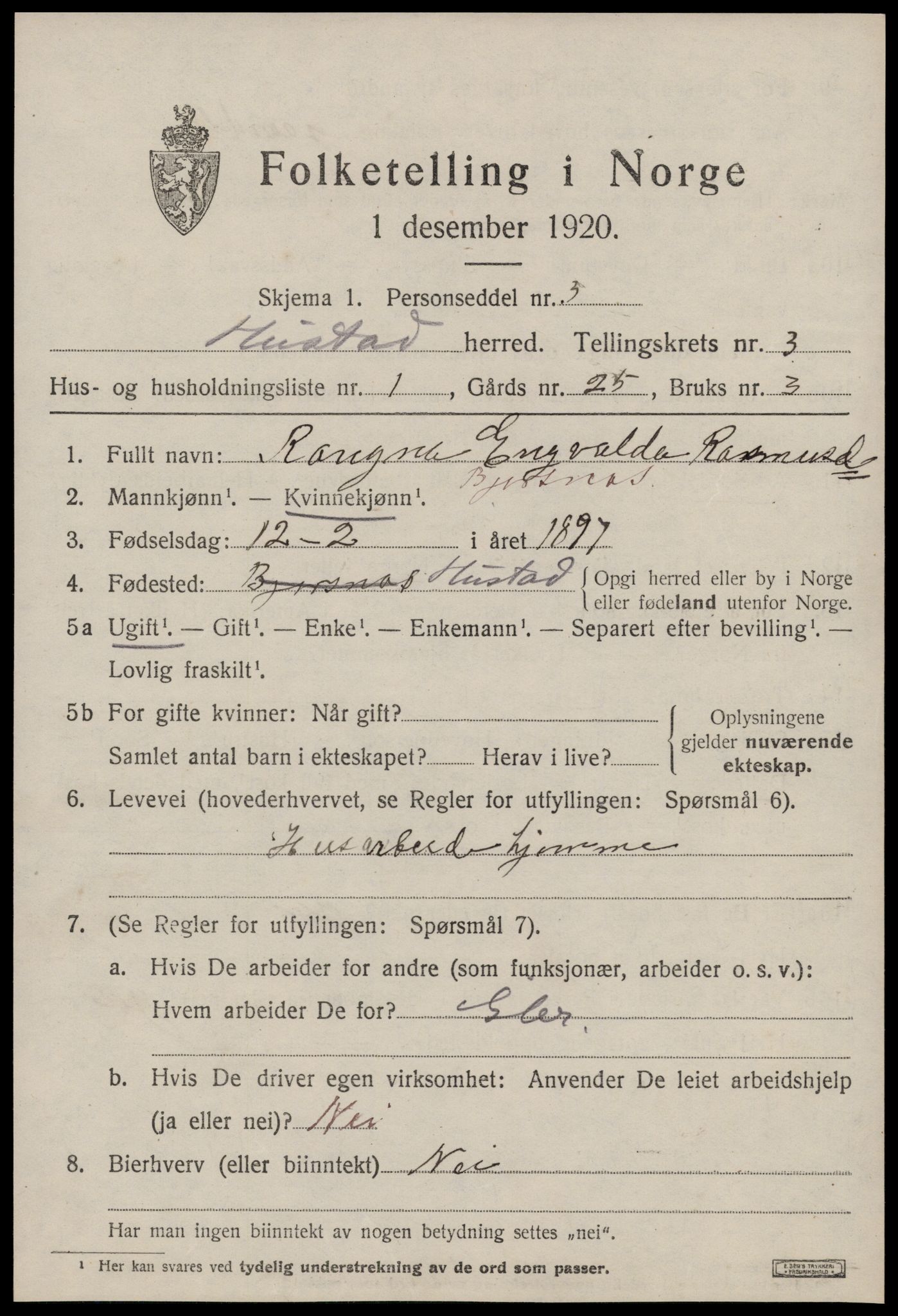 SAT, 1920 census for Hustad, 1920, p. 2501