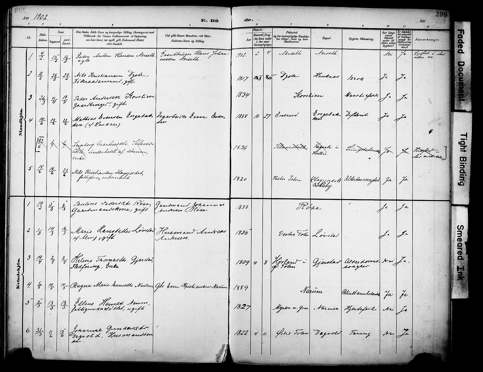 Vestre Toten prestekontor, SAH/PREST-108/H/Ha/Haa/L0013: Parish register (official) no. 13, 1895-1911, p. 299