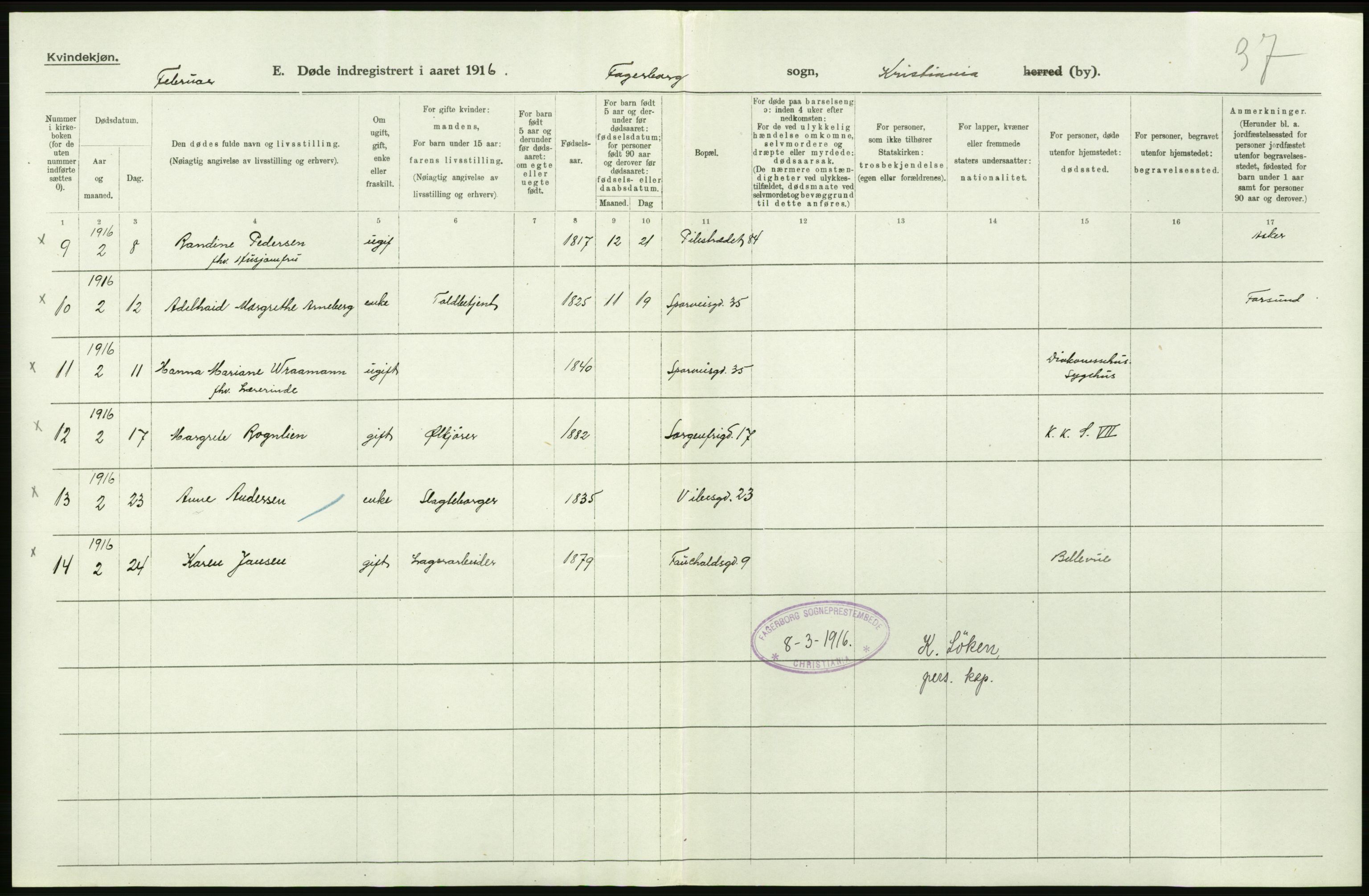 Statistisk sentralbyrå, Sosiodemografiske emner, Befolkning, AV/RA-S-2228/D/Df/Dfb/Dfbf/L0010: Kristiania: Døde, dødfødte., 1916, p. 308