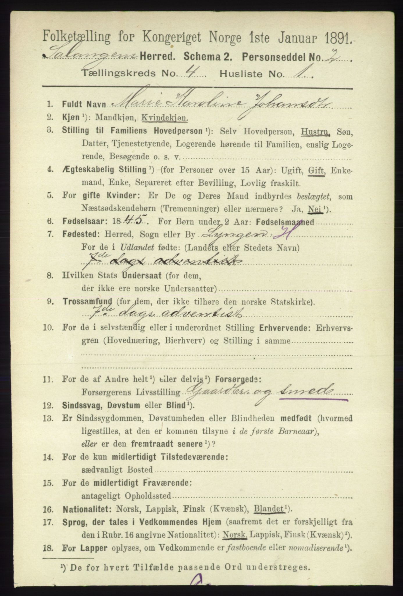 RA, 1891 census for 1921 Salangen, 1891, p. 1831