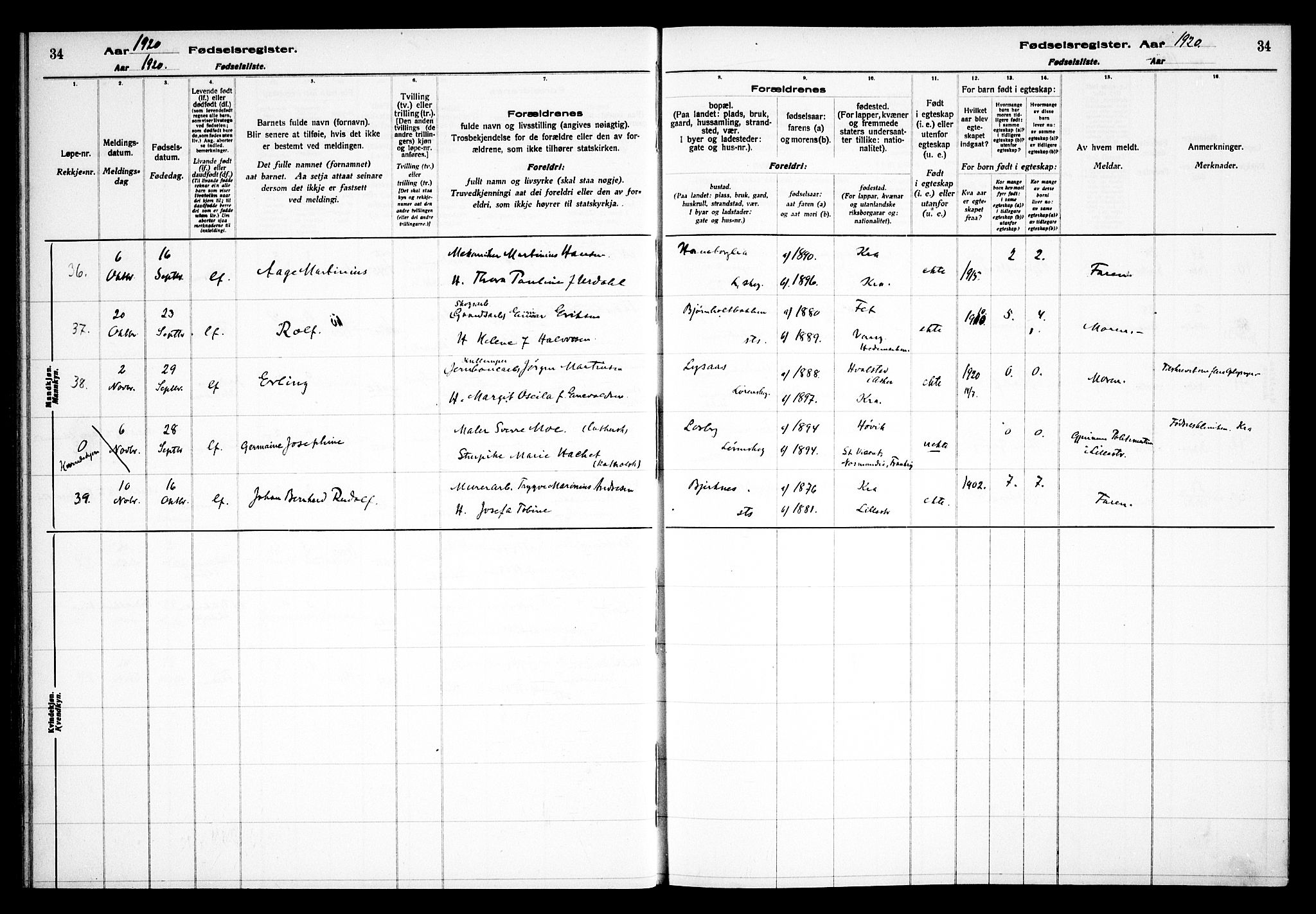 Skedsmo prestekontor Kirkebøker, AV/SAO-A-10033a/J/Jb/L0001: Birth register no. II 1, 1916-1932, p. 34