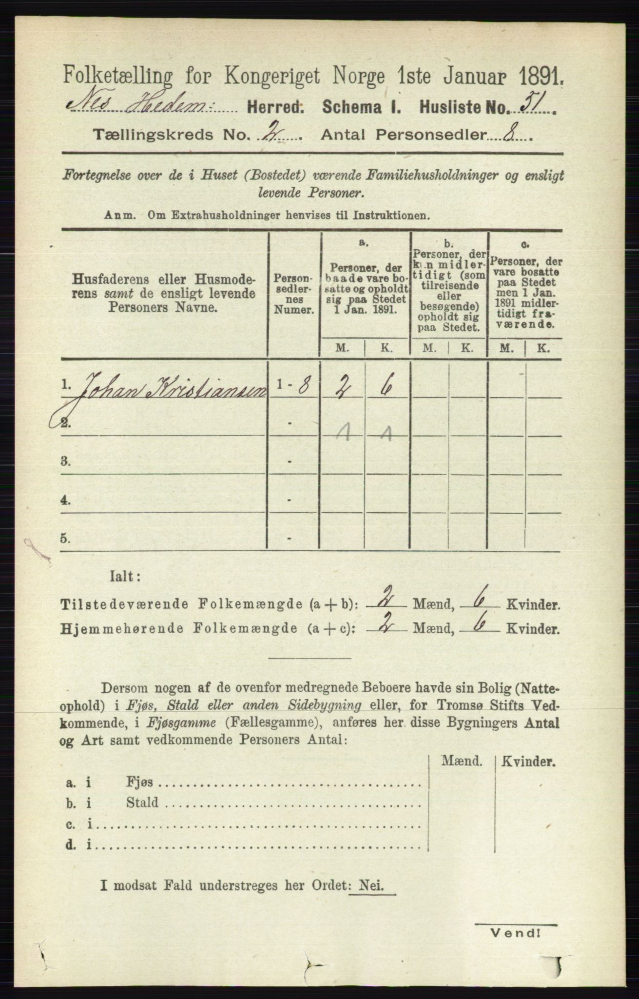 RA, 1891 census for 0411 Nes, 1891, p. 1055