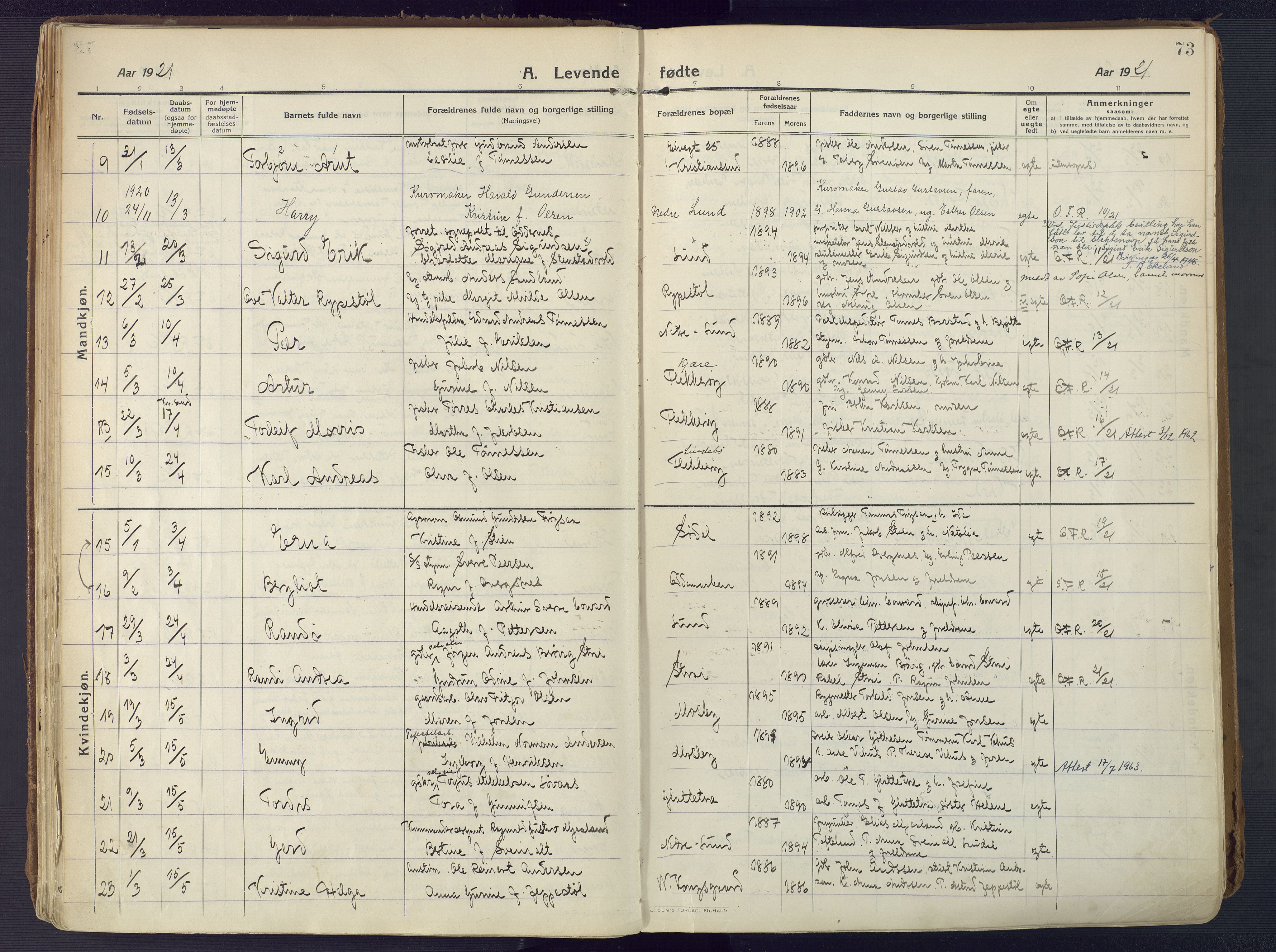 Oddernes sokneprestkontor, AV/SAK-1111-0033/F/Fa/Faa/L0012: Parish register (official) no. A 12, 1912-1925, p. 73