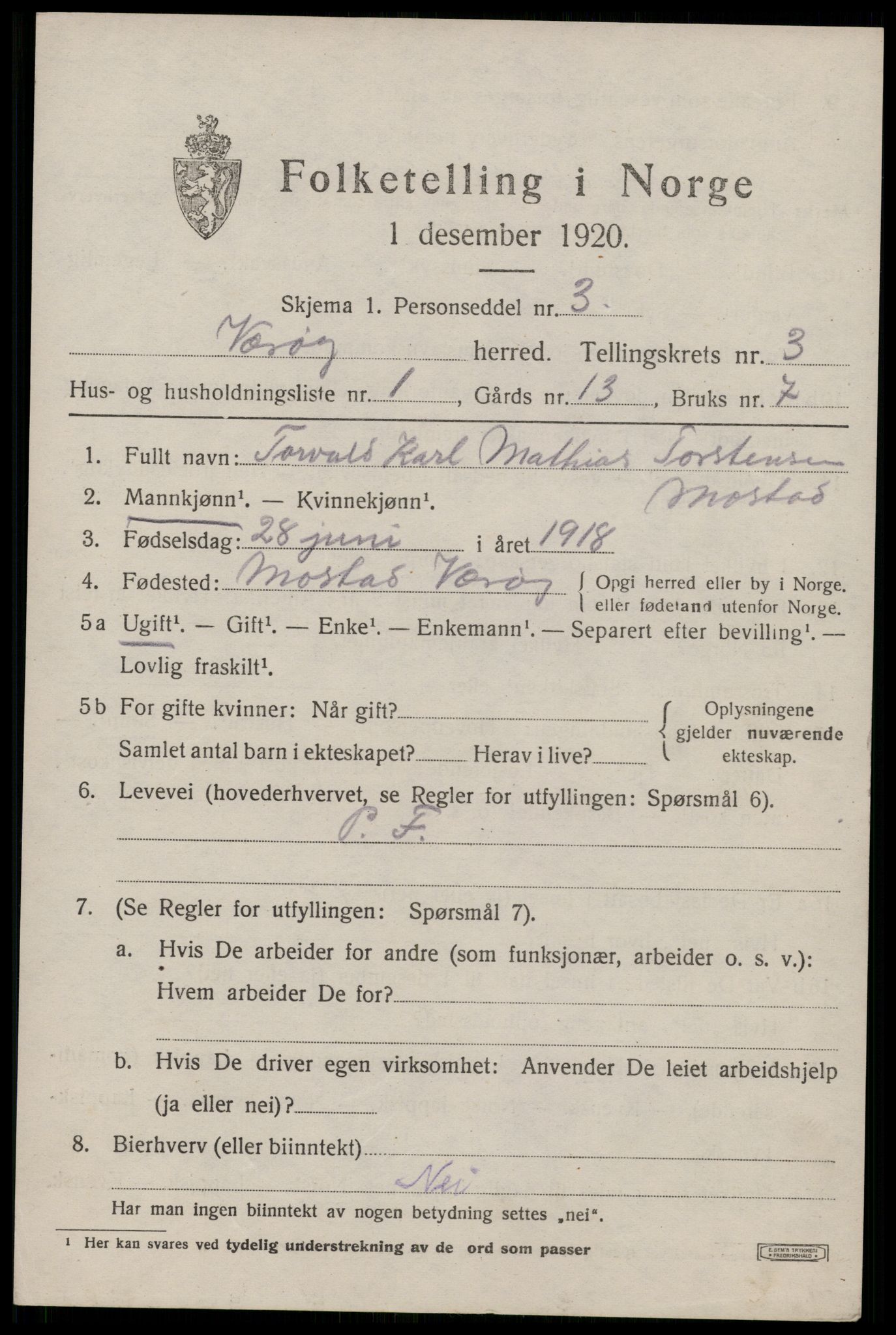 SAT, 1920 census for Værøy, 1920, p. 2231