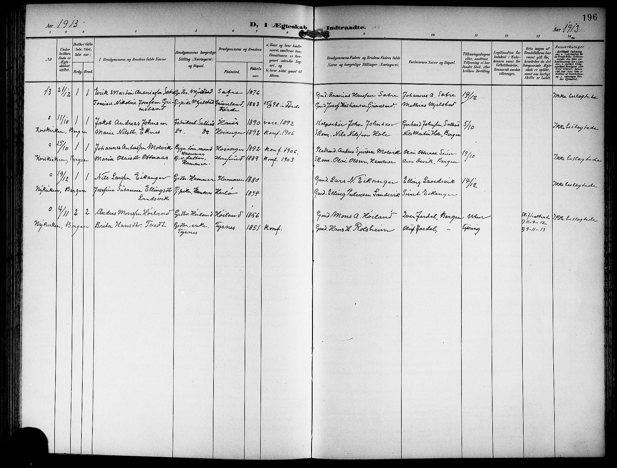 Hamre sokneprestembete, AV/SAB-A-75501/H/Ha/Hab: Parish register (copy) no. B 4, 1898-1919, p. 196