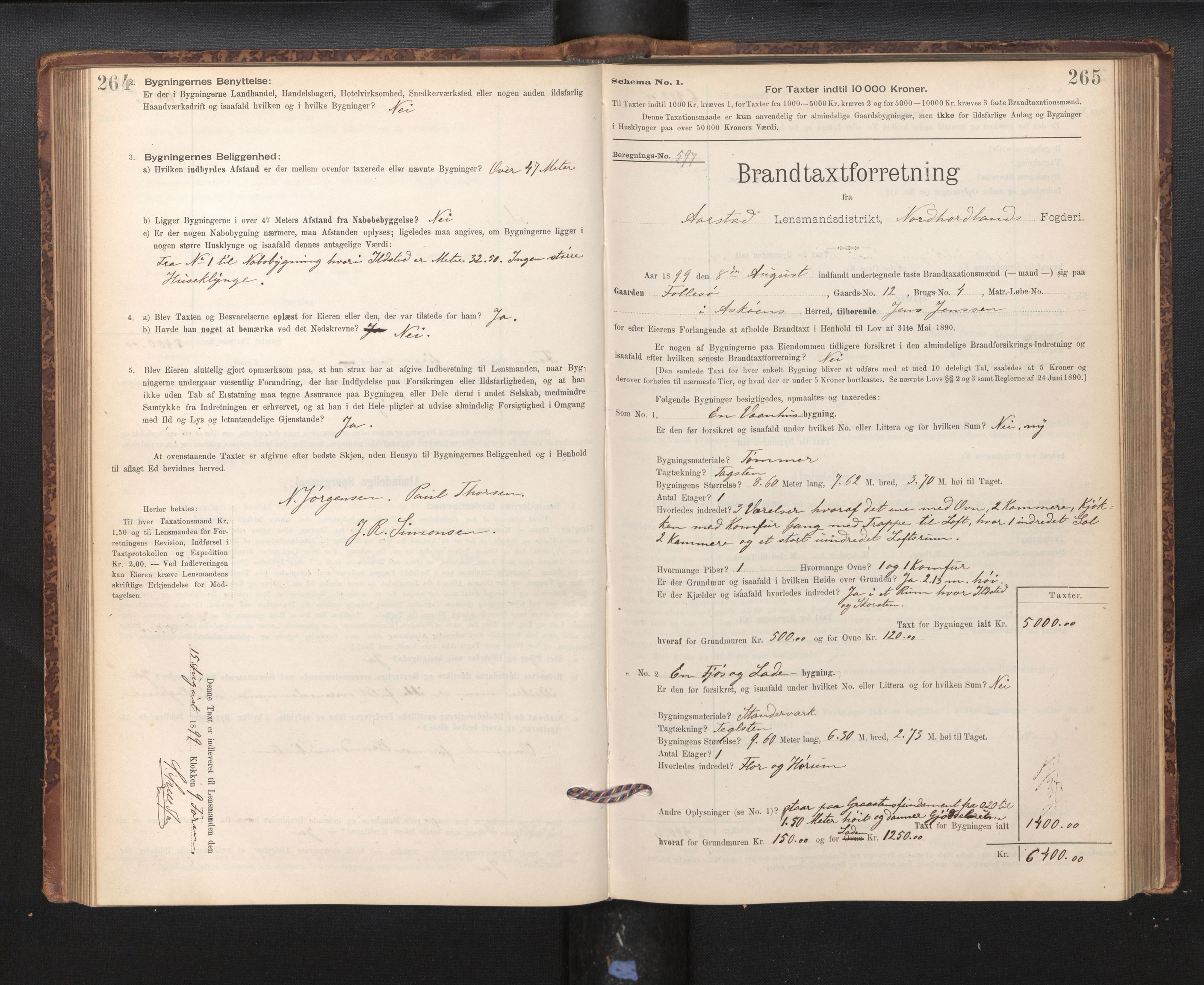 Lensmannen i Årstad, AV/SAB-A-36201/0012/L0011: Branntakstprotokoll,skjematakst, 1895-1901, p. 264-265