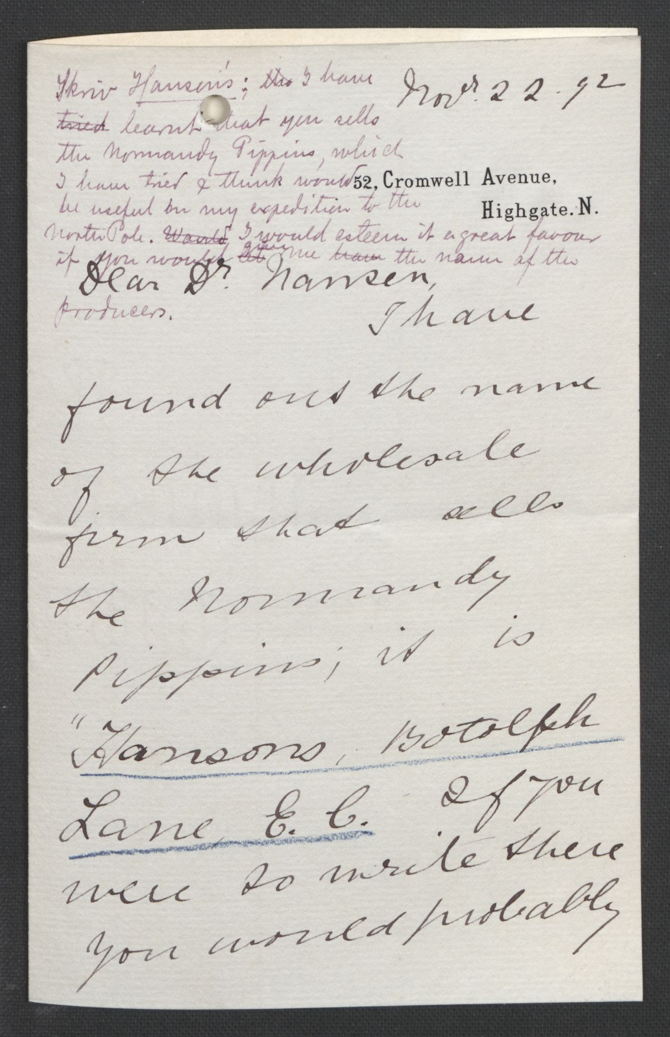 Arbeidskomitéen for Fridtjof Nansens polarekspedisjon, AV/RA-PA-0061/D/L0004: Innk. brev og telegrammer vedr. proviant og utrustning, 1892-1893, p. 186