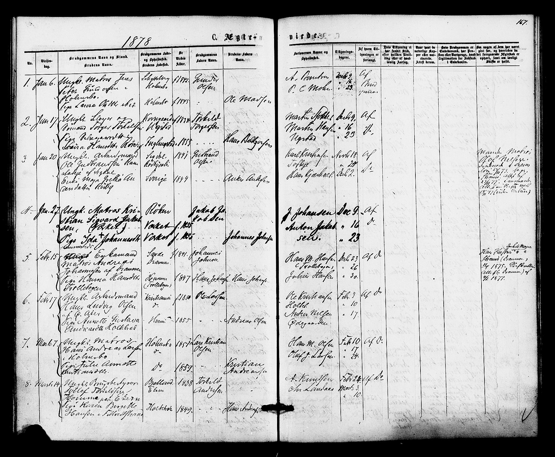 Hurum kirkebøker, SAKO/A-229/F/Fa/L0013: Parish register (official) no. 13, 1876-1881, p. 167