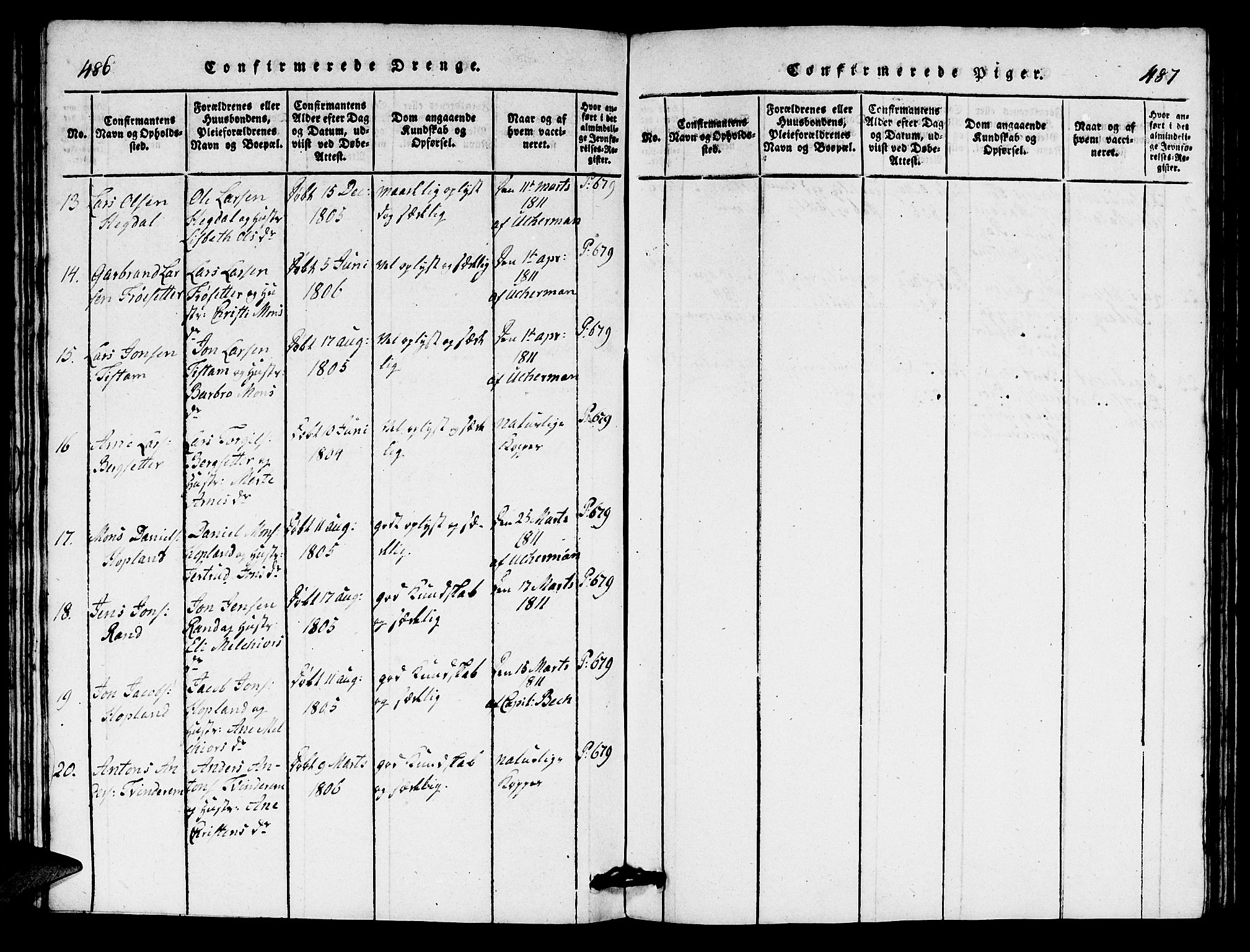 Innvik sokneprestembete, AV/SAB-A-80501: Parish register (copy) no. A 1, 1816-1820, p. 486-487