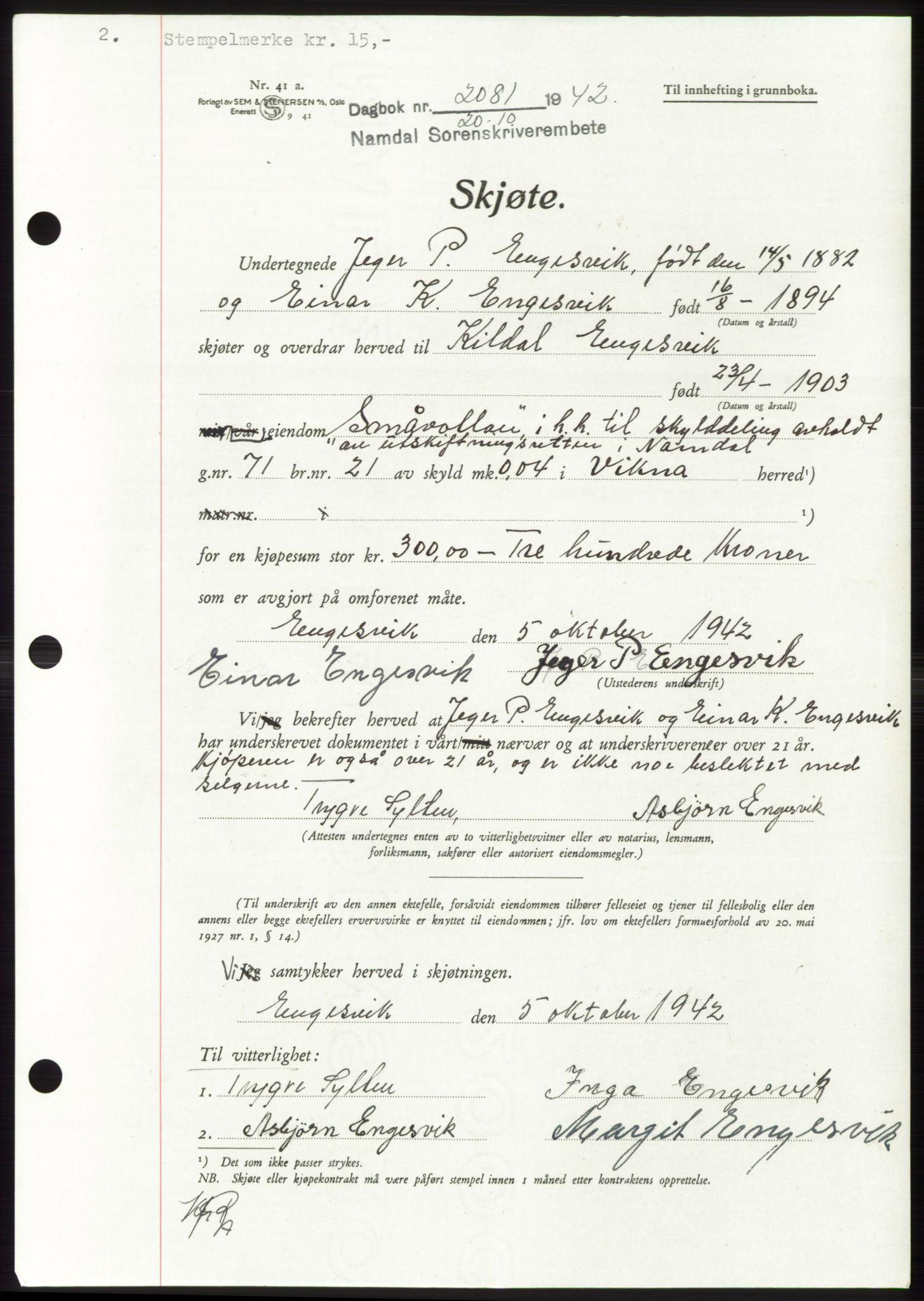 Namdal sorenskriveri, SAT/A-4133/1/2/2C: Mortgage book no. -, 1942-1943, Diary no: : 2081/1942