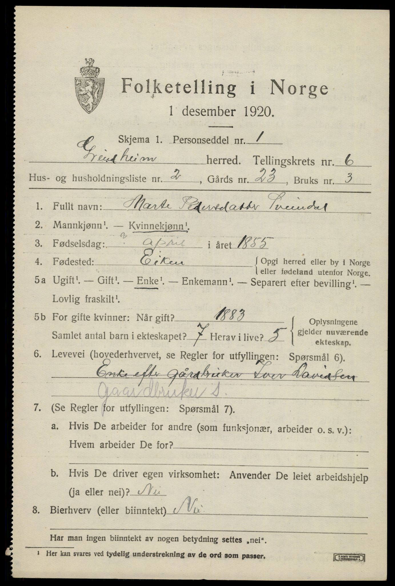 SAK, 1920 census for Grindheim, 1920, p. 1869
