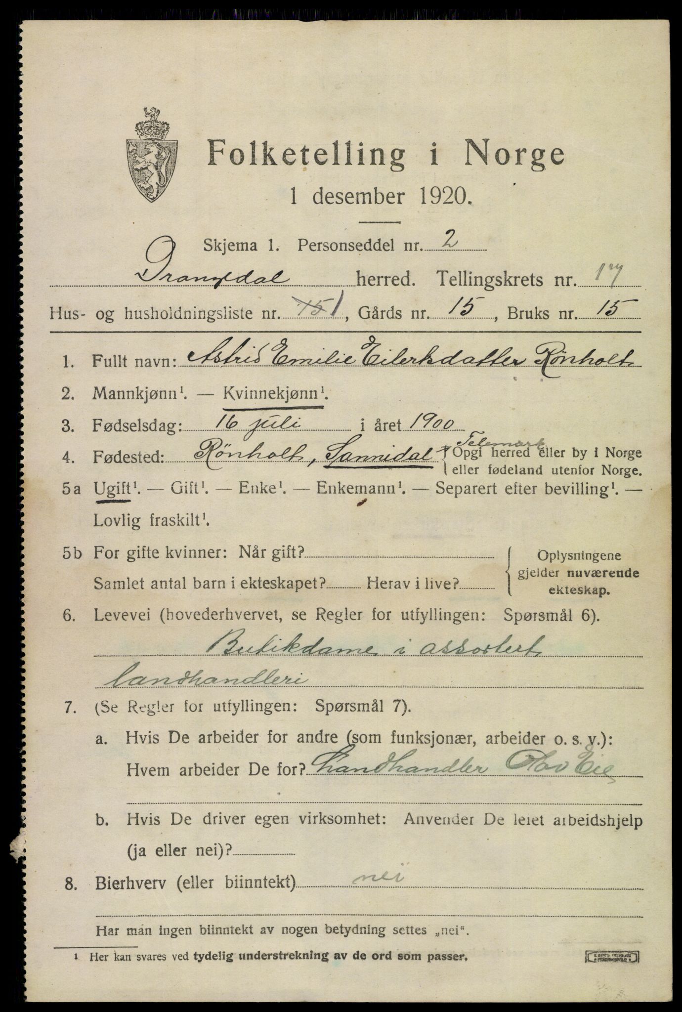 SAKO, 1920 census for Drangedal, 1920, p. 7969