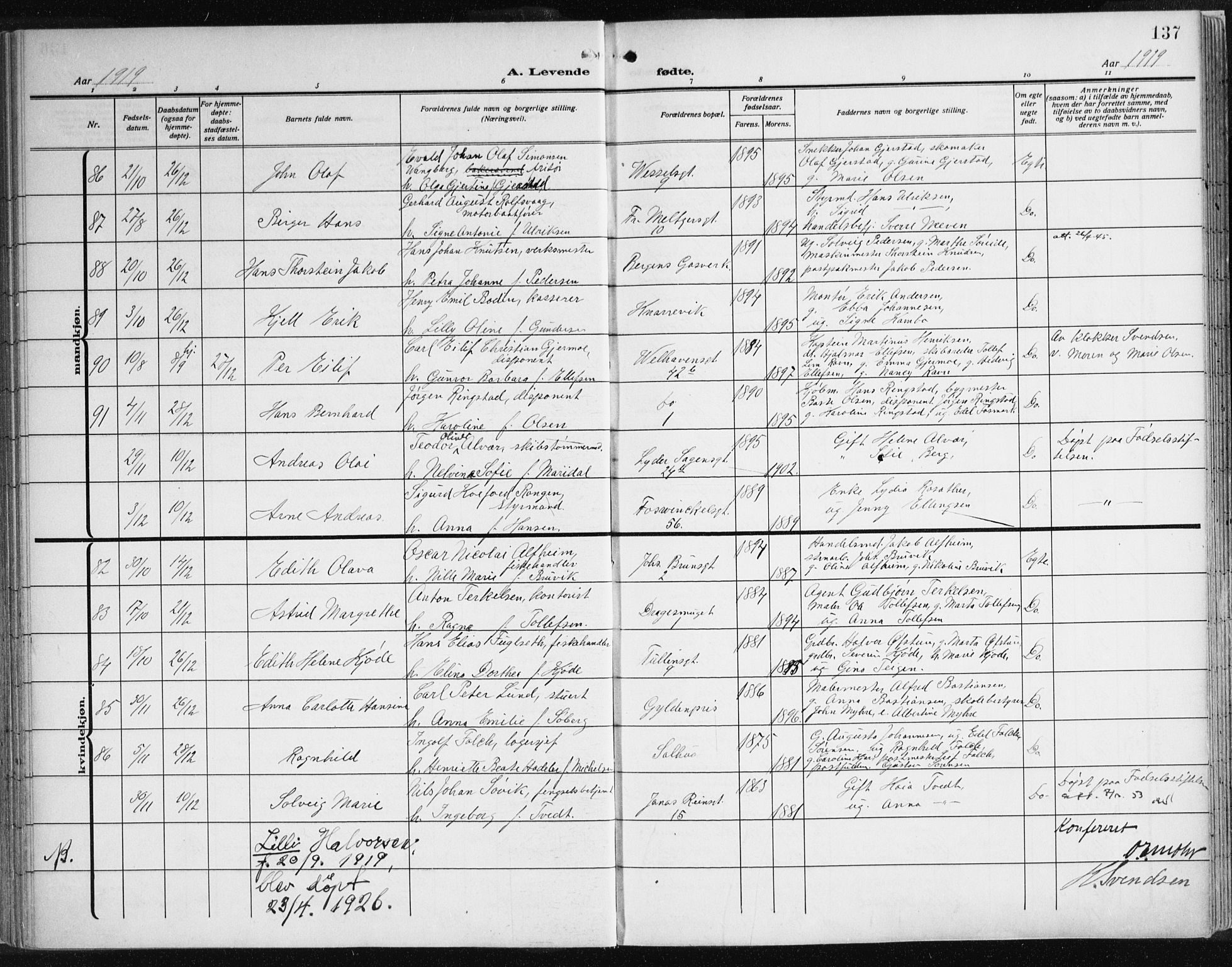 Johanneskirken sokneprestembete, AV/SAB-A-76001/H/Haa: Parish register (official) no. A 3, 1913-1934, p. 137
