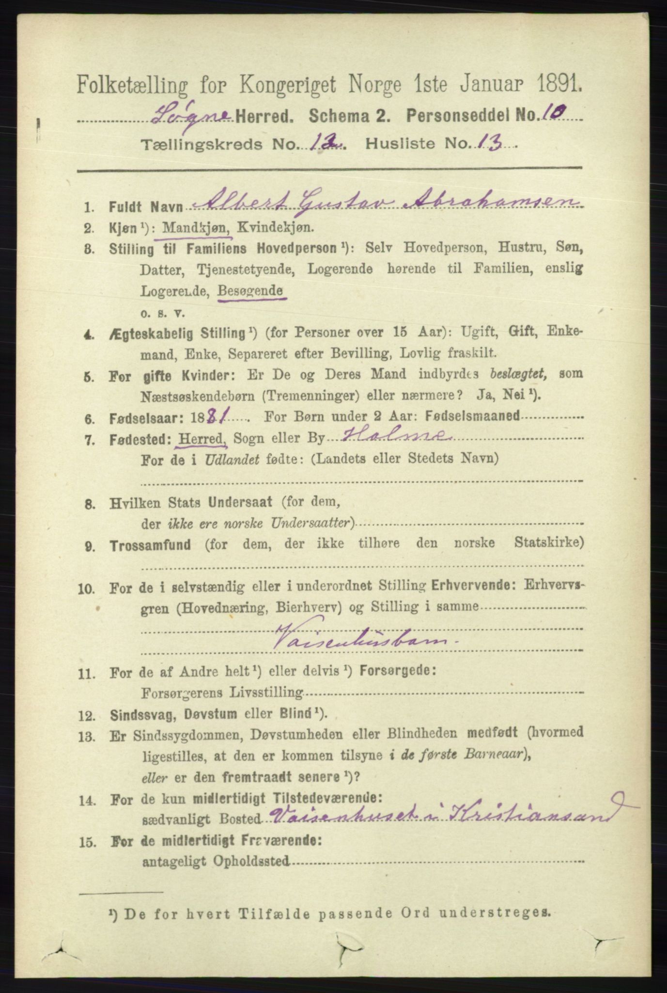 RA, 1891 census for 1018 Søgne, 1891, p. 3182