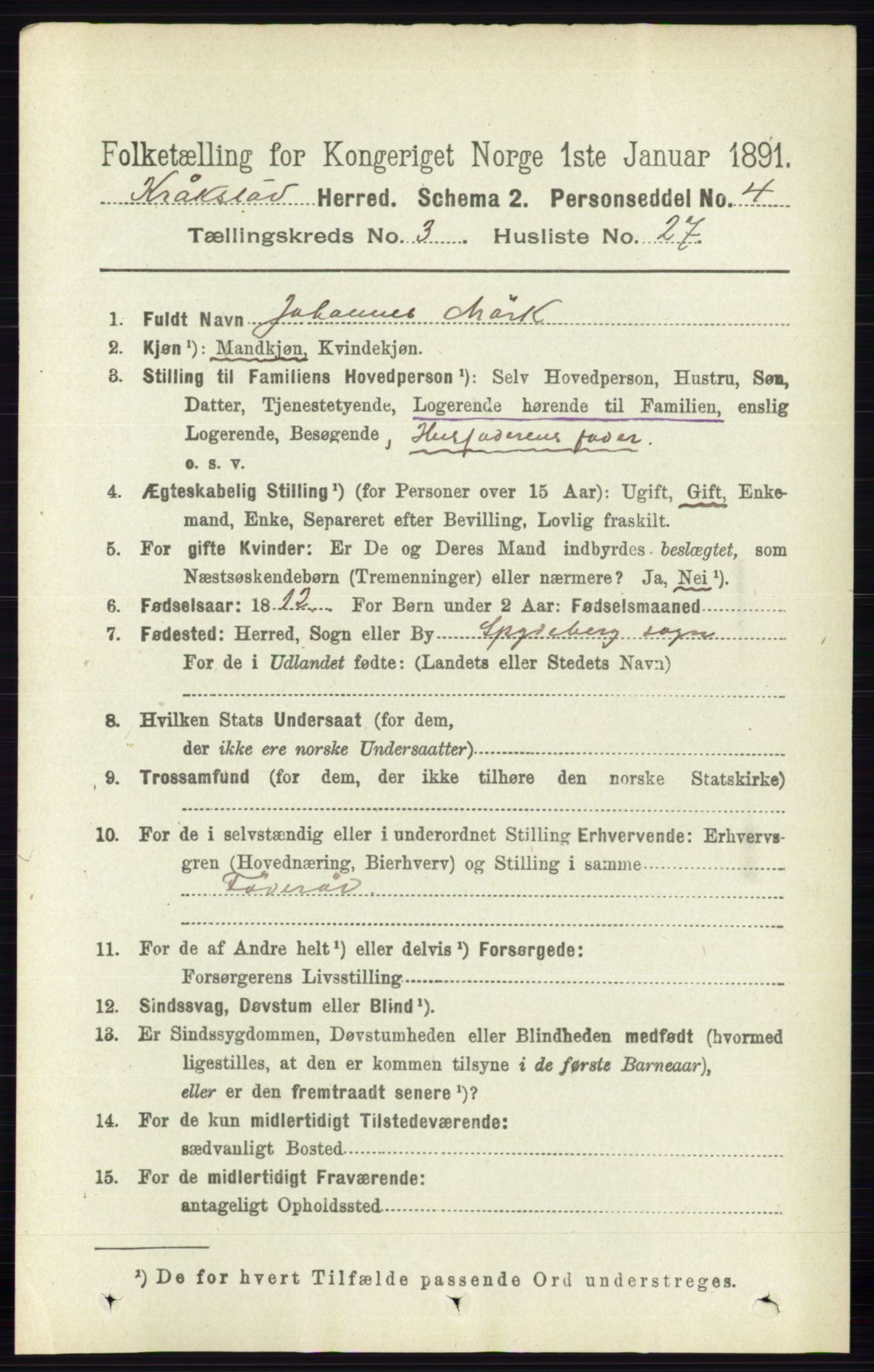 RA, 1891 census for 0212 Kråkstad, 1891, p. 1357