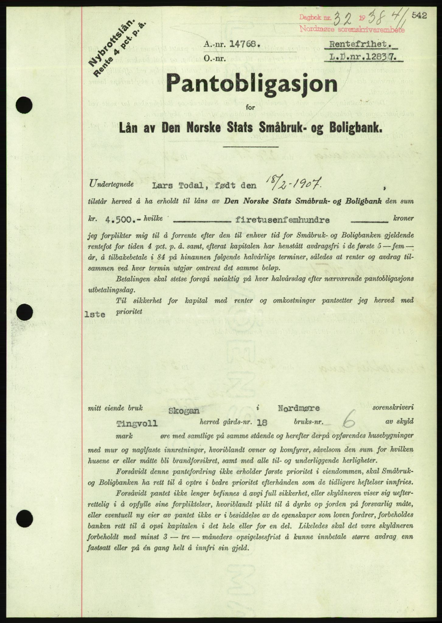 Nordmøre sorenskriveri, AV/SAT-A-4132/1/2/2Ca/L0092: Mortgage book no. B82, 1937-1938, Diary no: : 32/1938